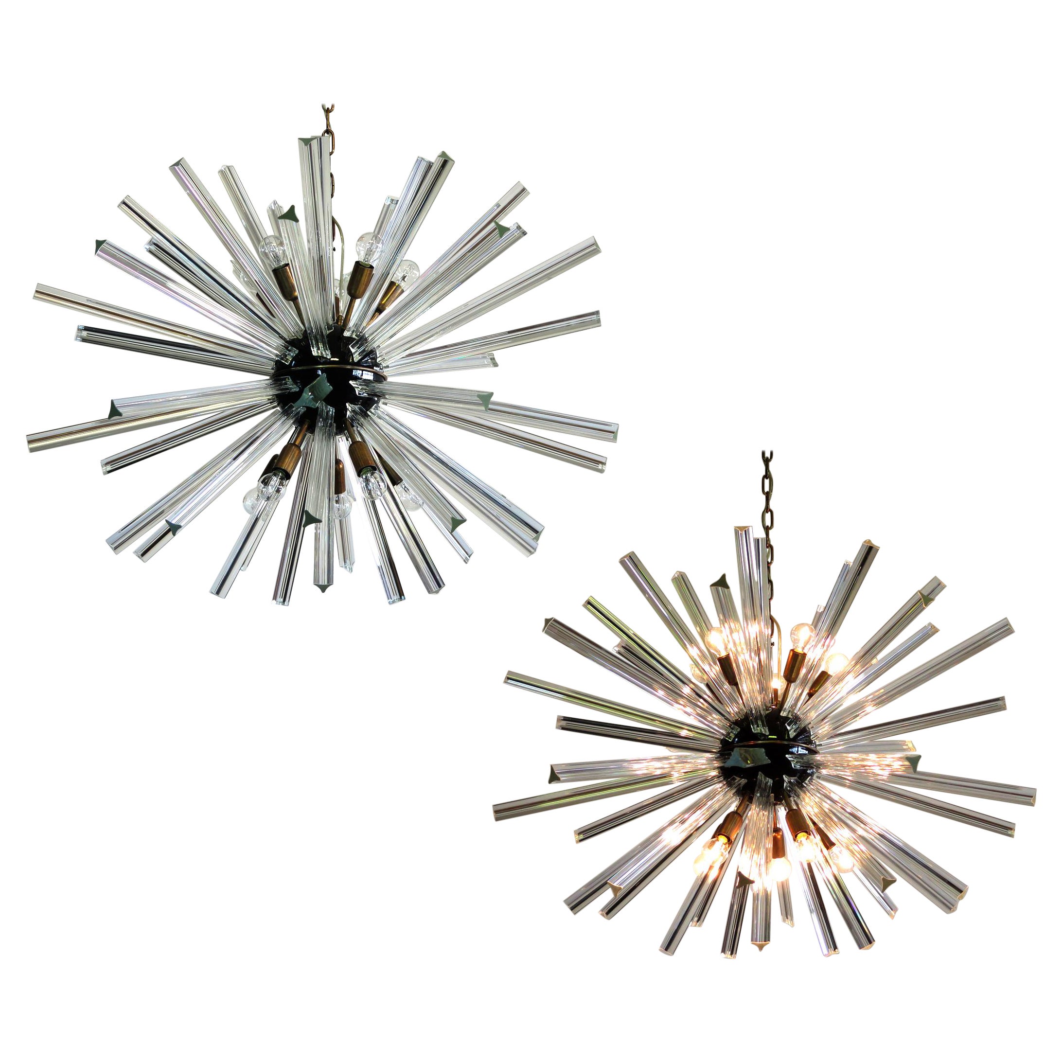 Exceptional Pair of Glass Sputnik Chandeliers, 50 crystal glass 'triedri' Murano