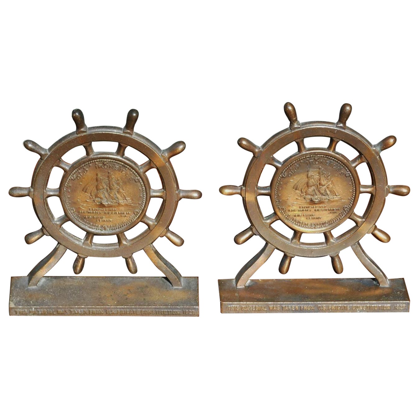 Pair of American Bronze USS Constitution Ship Wheel Bookends Ironside, C. 1927