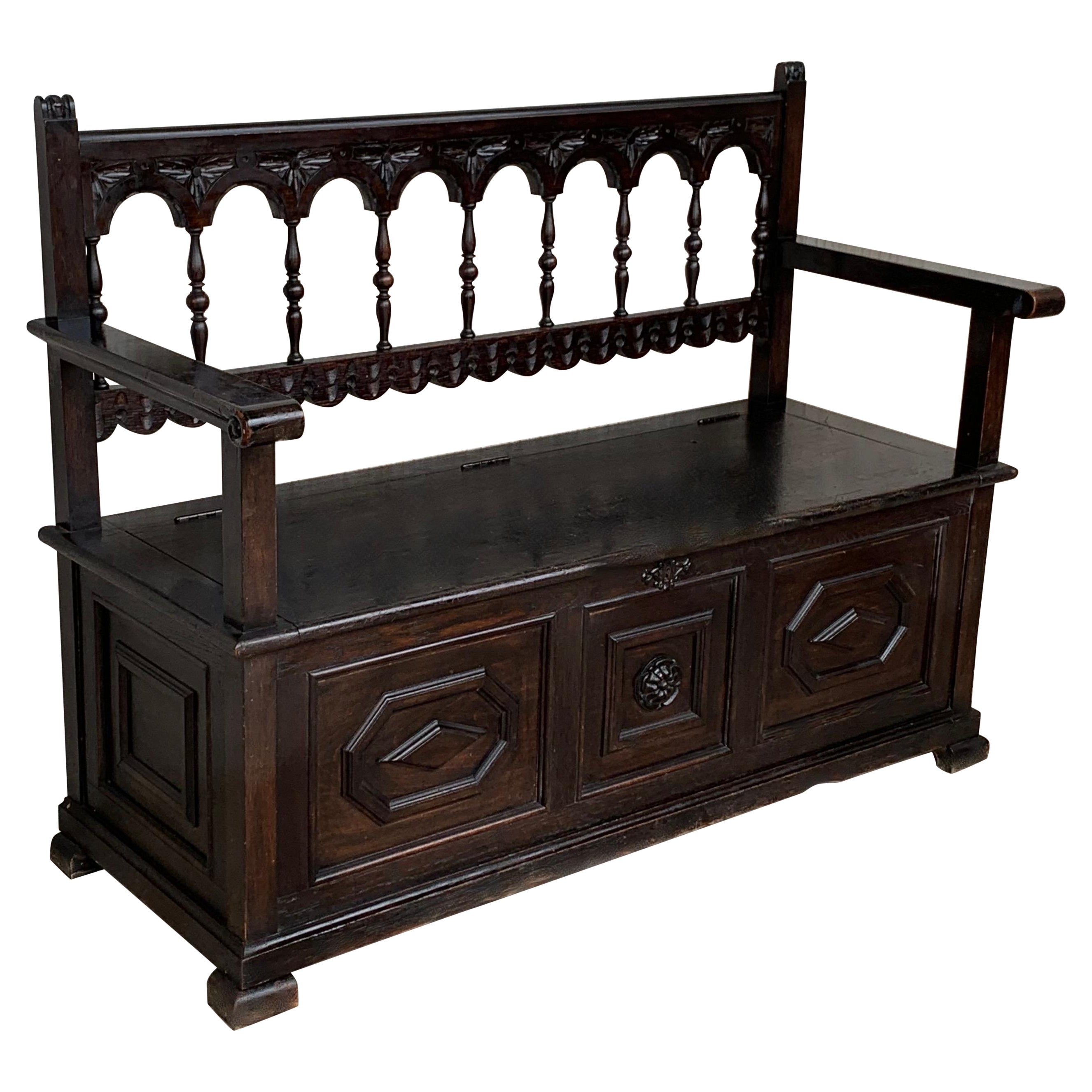19th Spanish Carved Hall Bench with Storage