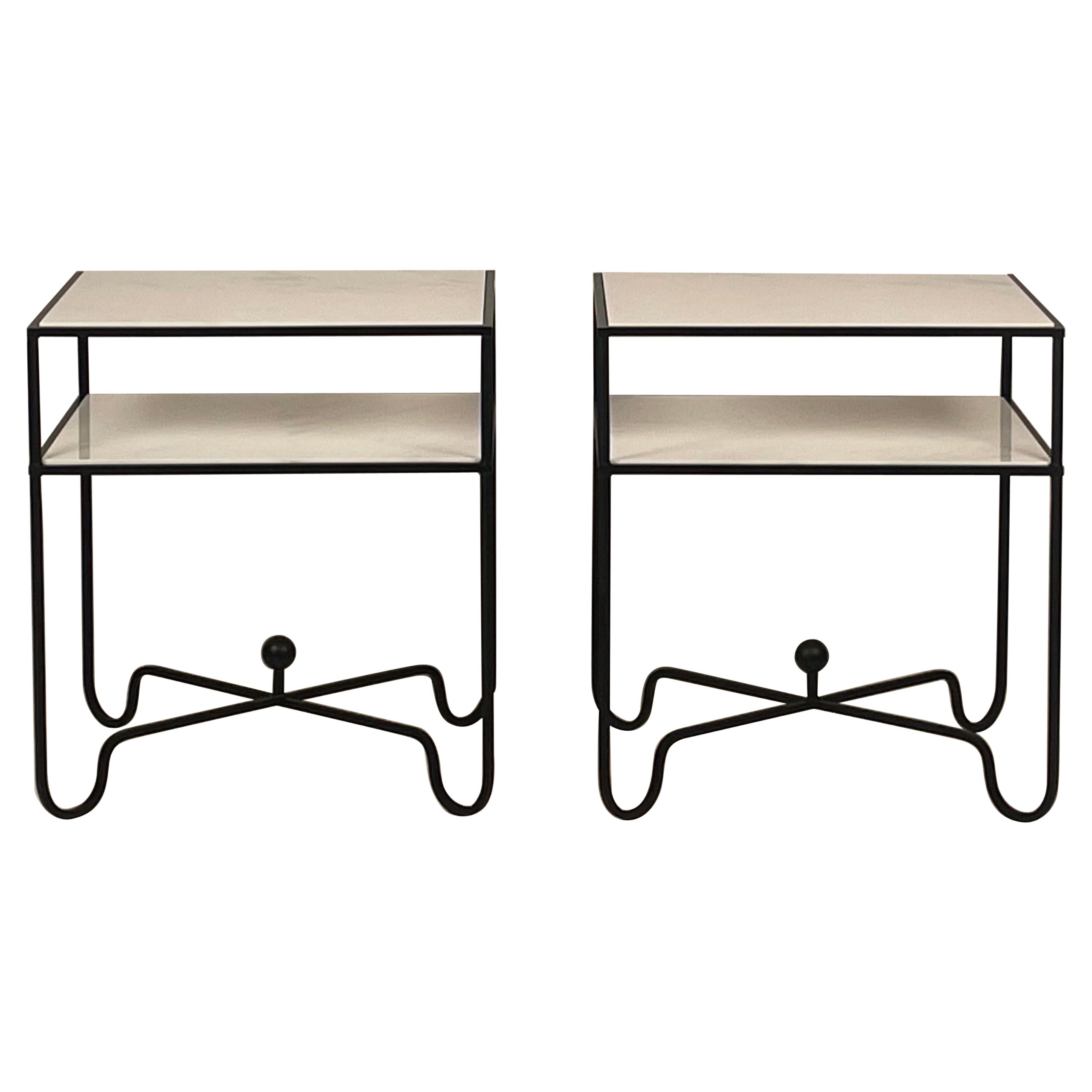 Pair of Chic 'Entretoise' Wrought Iron and Marble Nightstands by Design Frères