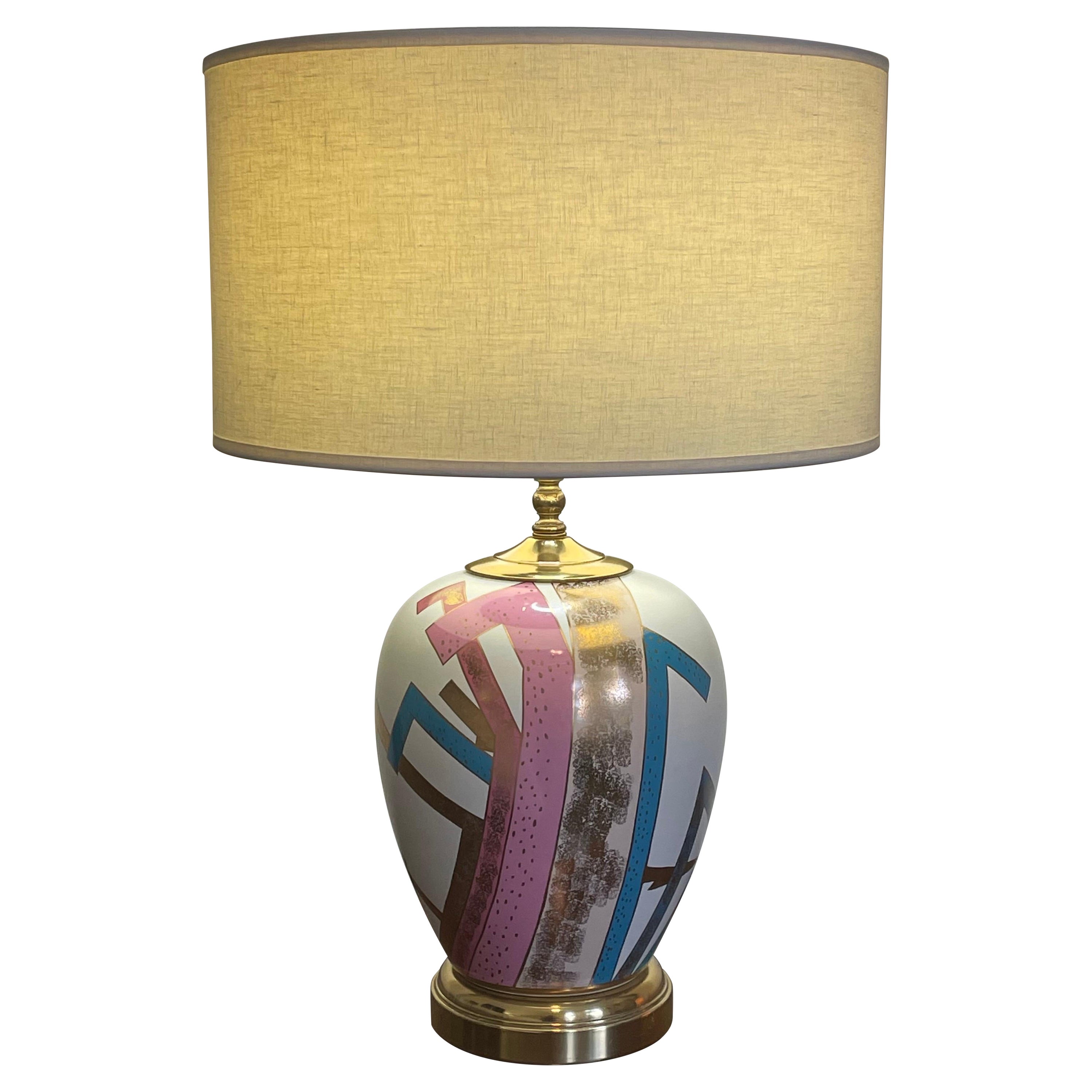 Post Modern Glazed Ceramic Table Lamp, Colorful Geometric Pattern, Japan 1980's For Sale