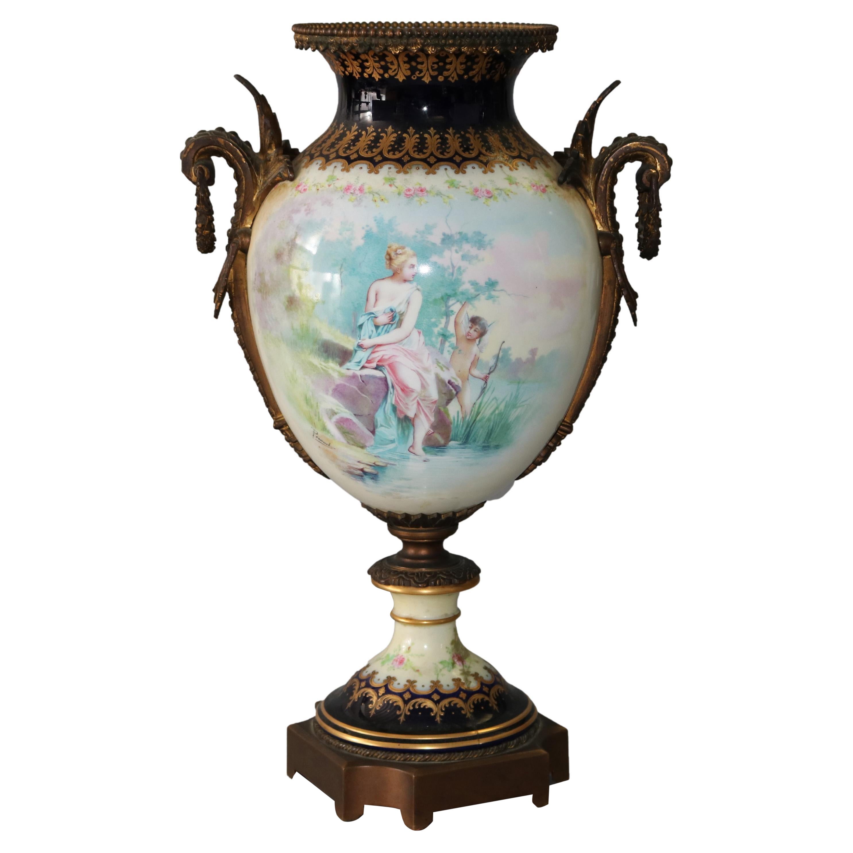 Large Antique French Atttr Sevres Hand Painted Porcelain & Ormolu Urn 19th C
