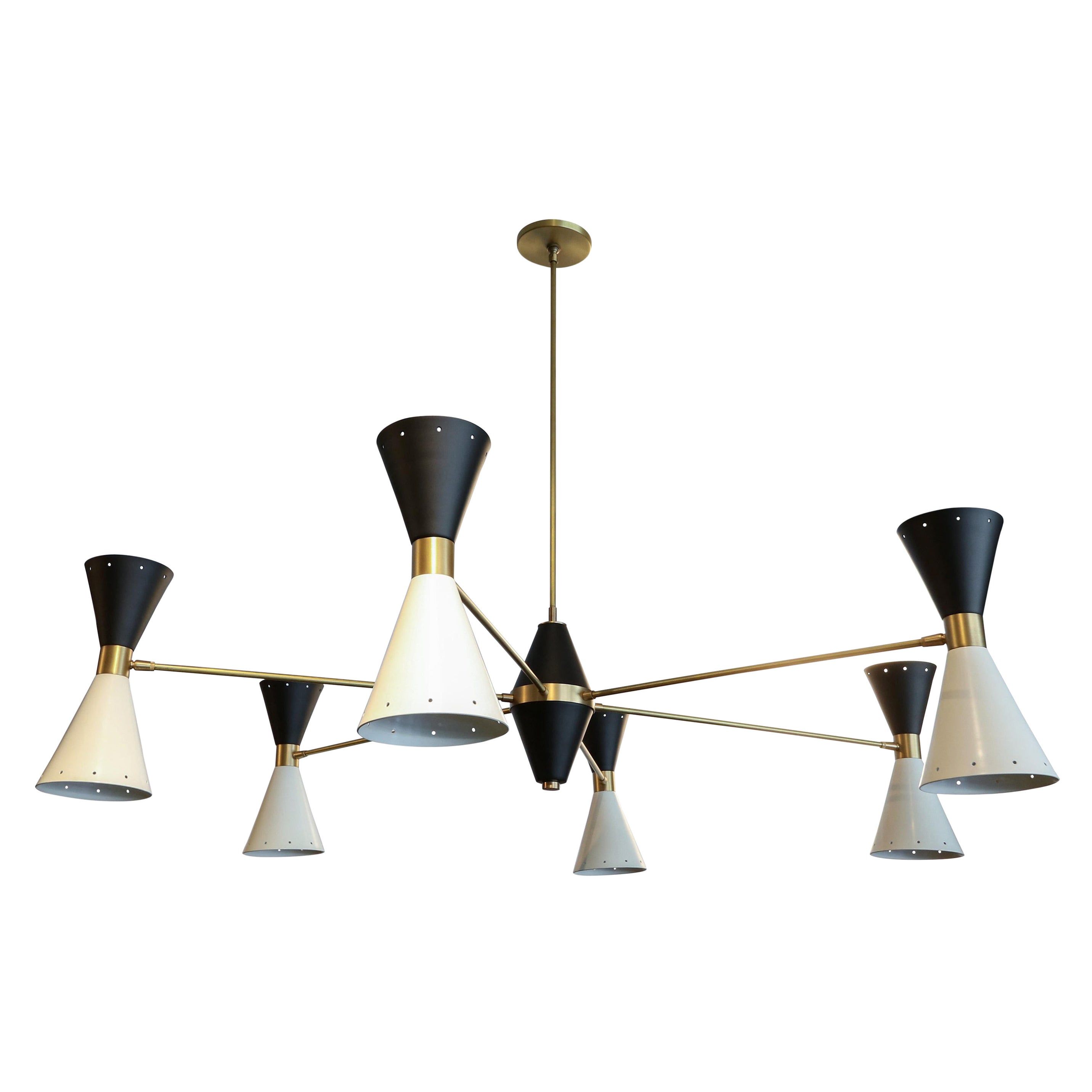 Custom Midcentury Style Brass, Black & White Metal Chandelier by Adesso Imports