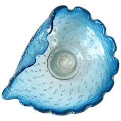 Italian Murano Blue and Silver Art Glass Bowl with Scallop Edge