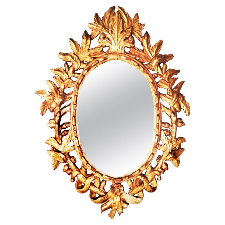 Mirror With  Giltwood Gold Leaf, Oval Shape With Leaves Italy Early 20th Century For Sale