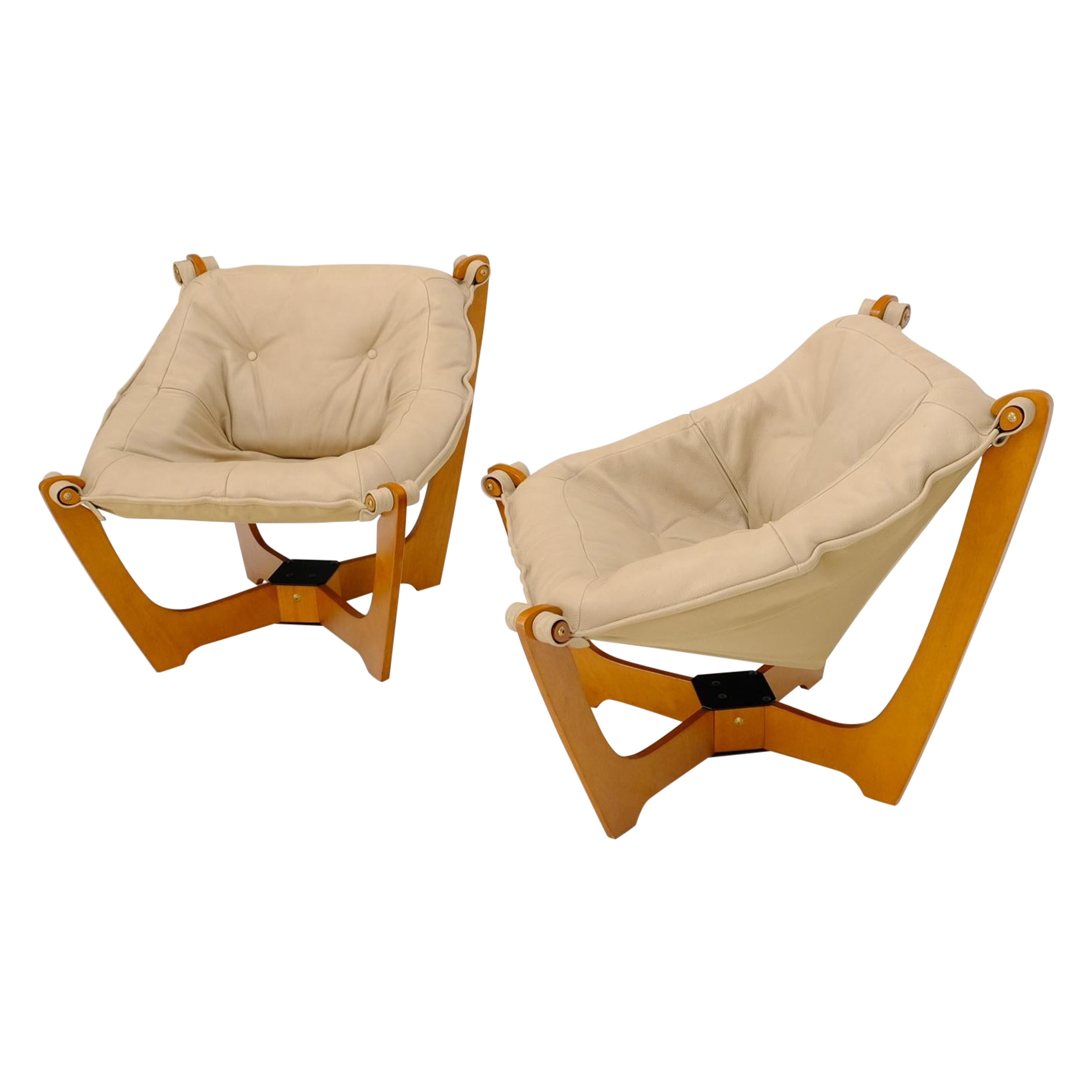 Pair of Mid Century Danish Modern Teak Frames Leather Sling Seat Lounge Chairs For Sale