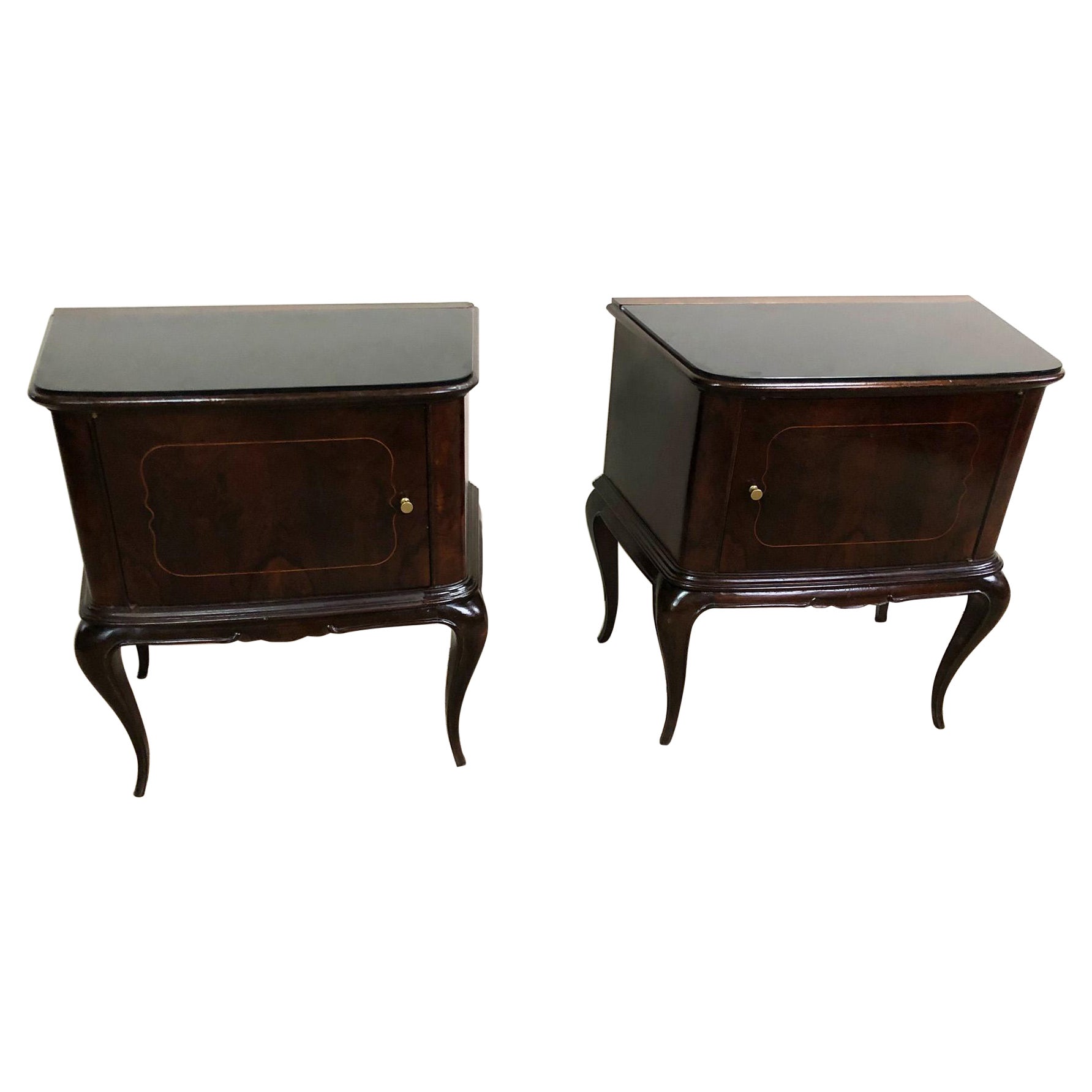Pair of Italian Night Stands, in Walnut and Mahogany from 1950, Black Top