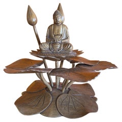 Impressive Hand-Carved Wooden Buddha on Bed of Lotus Leaves Sculpture