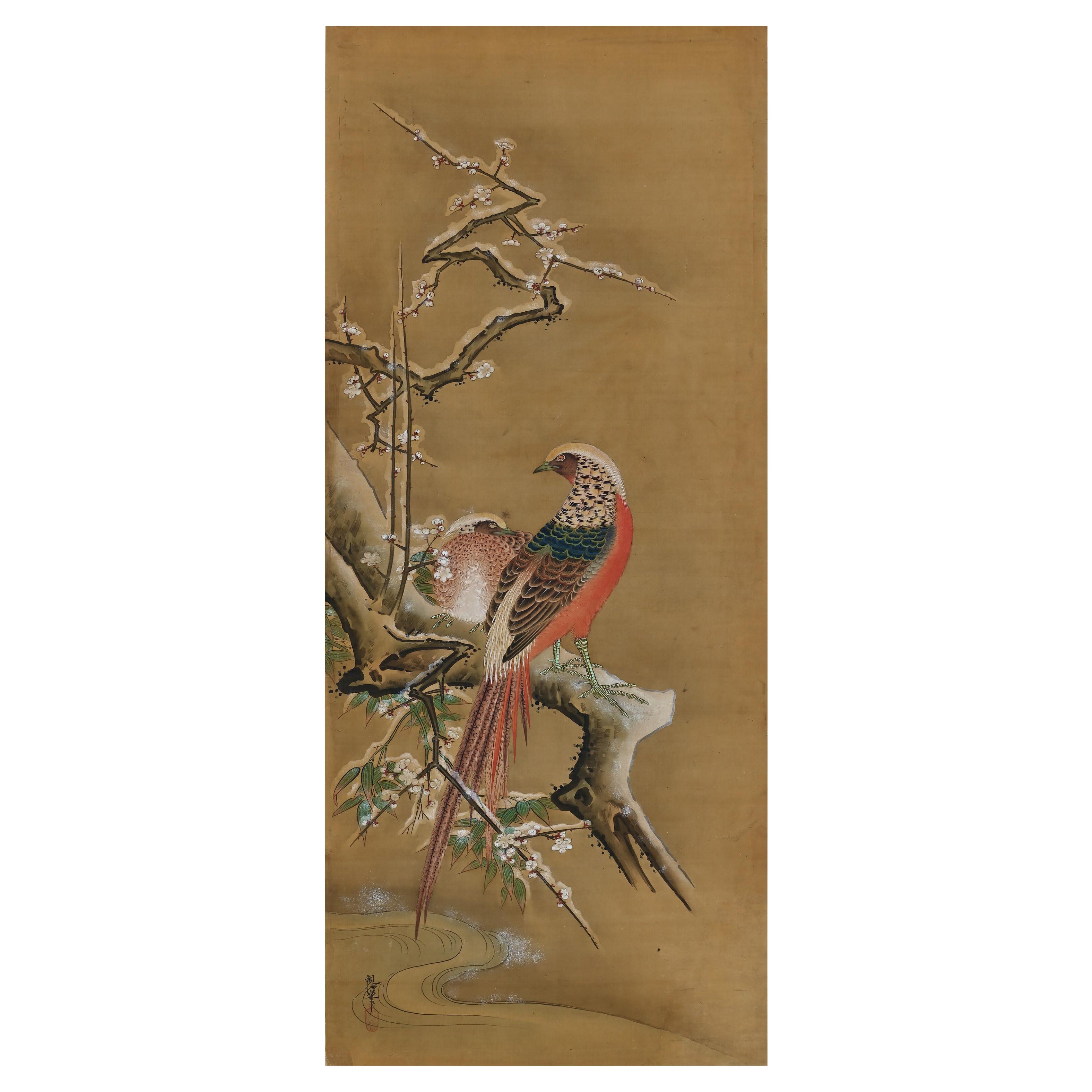19th Century Japanese Silk Painting by Kano Chikanobu, Pheasants & Plum in Snow