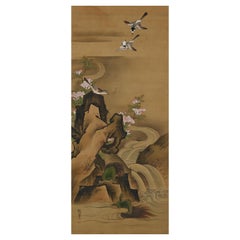 Pintura sobre seda japonesa del siglo XIX de Kano Chikanobu, Tortugas y azaleas
