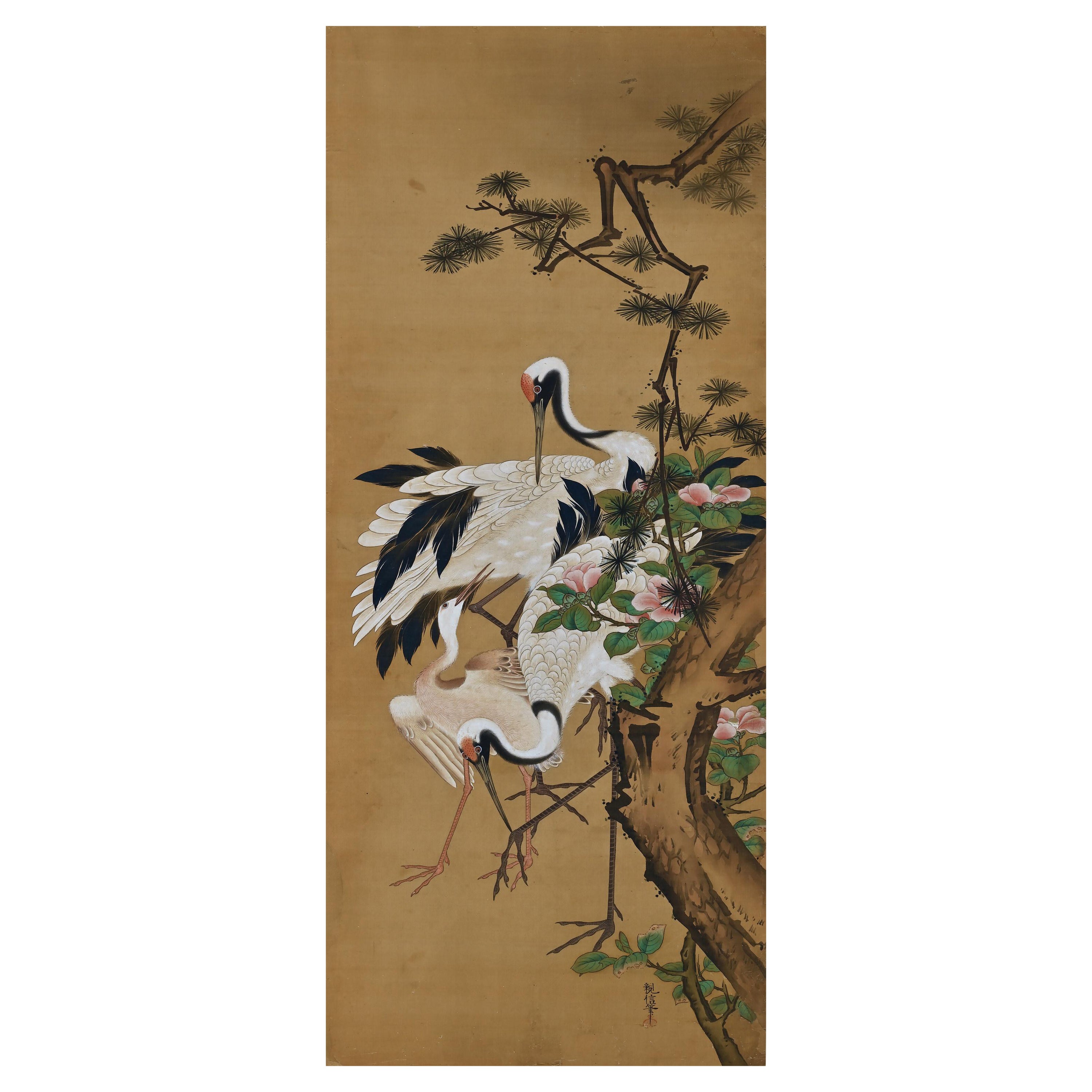 Japanisches Seidengemälde des 19. Jahrhunderts von Kano Chikanobu, Kranich, Kiefer und Kamelie
