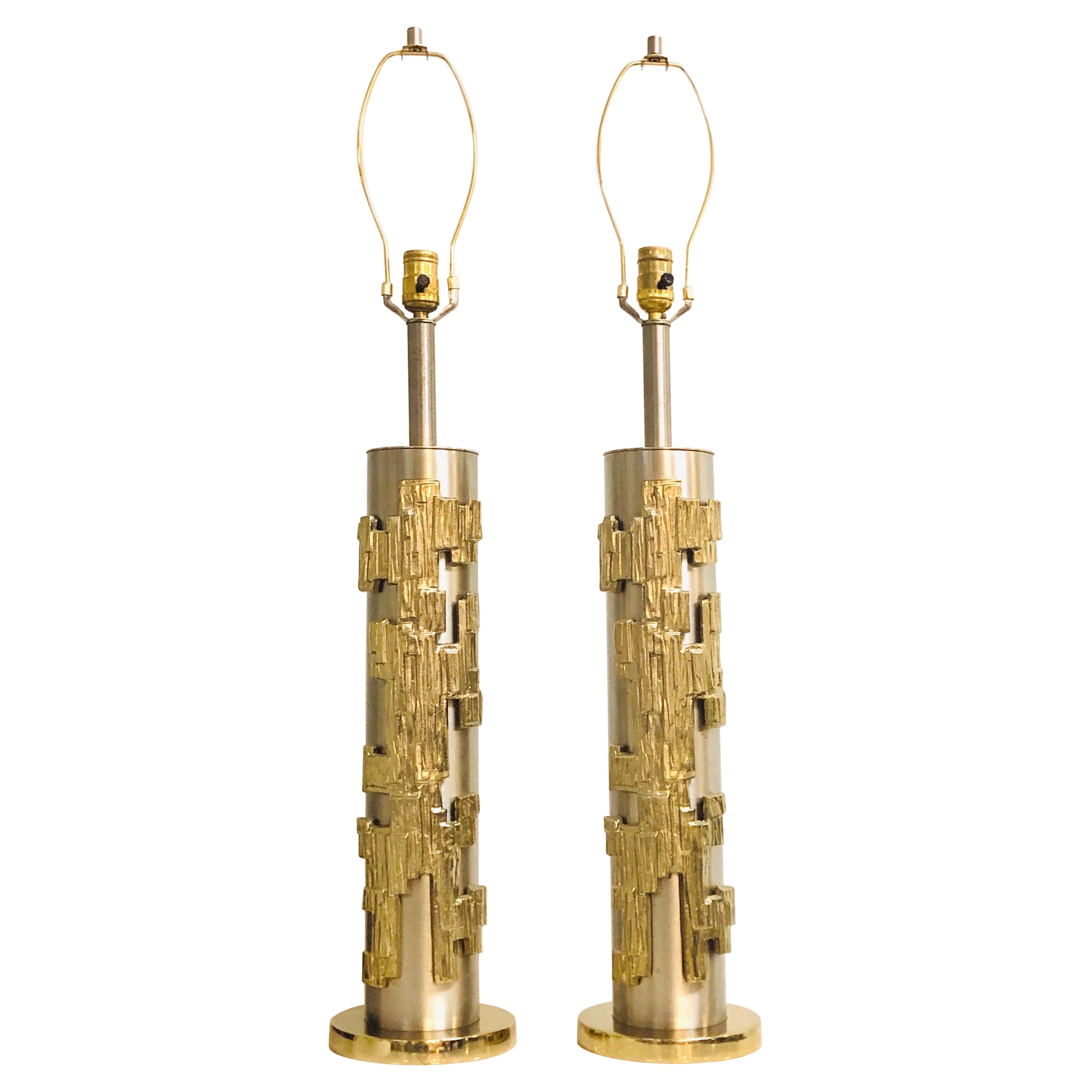 Pair of Sculptural Table Lamps Brushed Nickel and Brass by Laurel