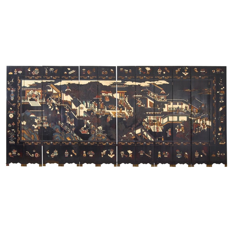 Chinese Export Twelve Panel Coromandel Screen Spring in Han Palace For Sale