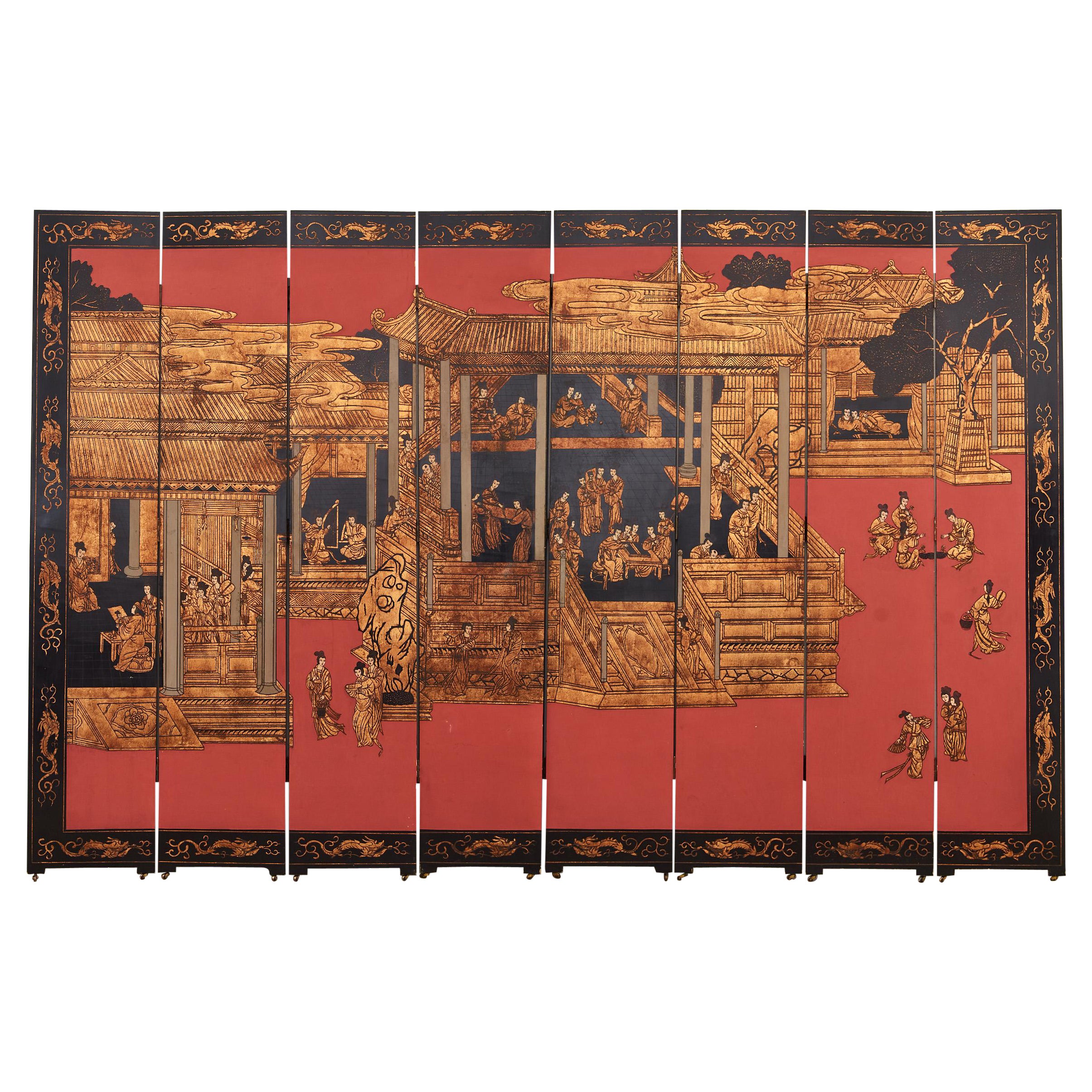 Chinese Export Eight Panel Coromandel Screen Gilt Imperial Palace