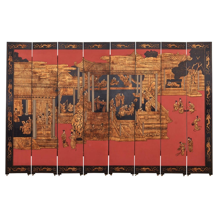 Chinese Export Eight Panel Coromandel Screen Gilt Imperial Palace For Sale