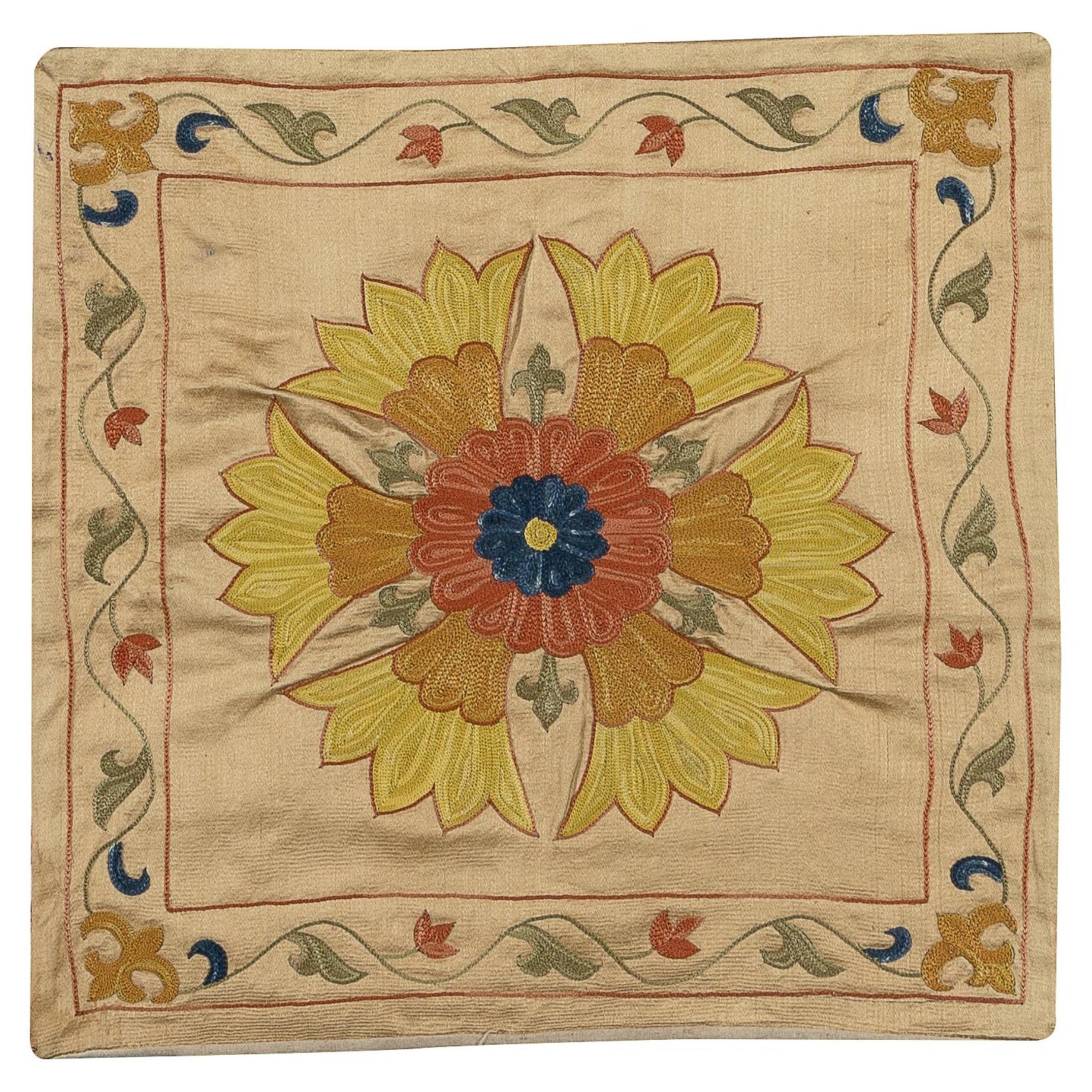 18"x18" New Uzbek Suzani Lace Pillow, Embroidered Cotton & Silk Cushion Cover