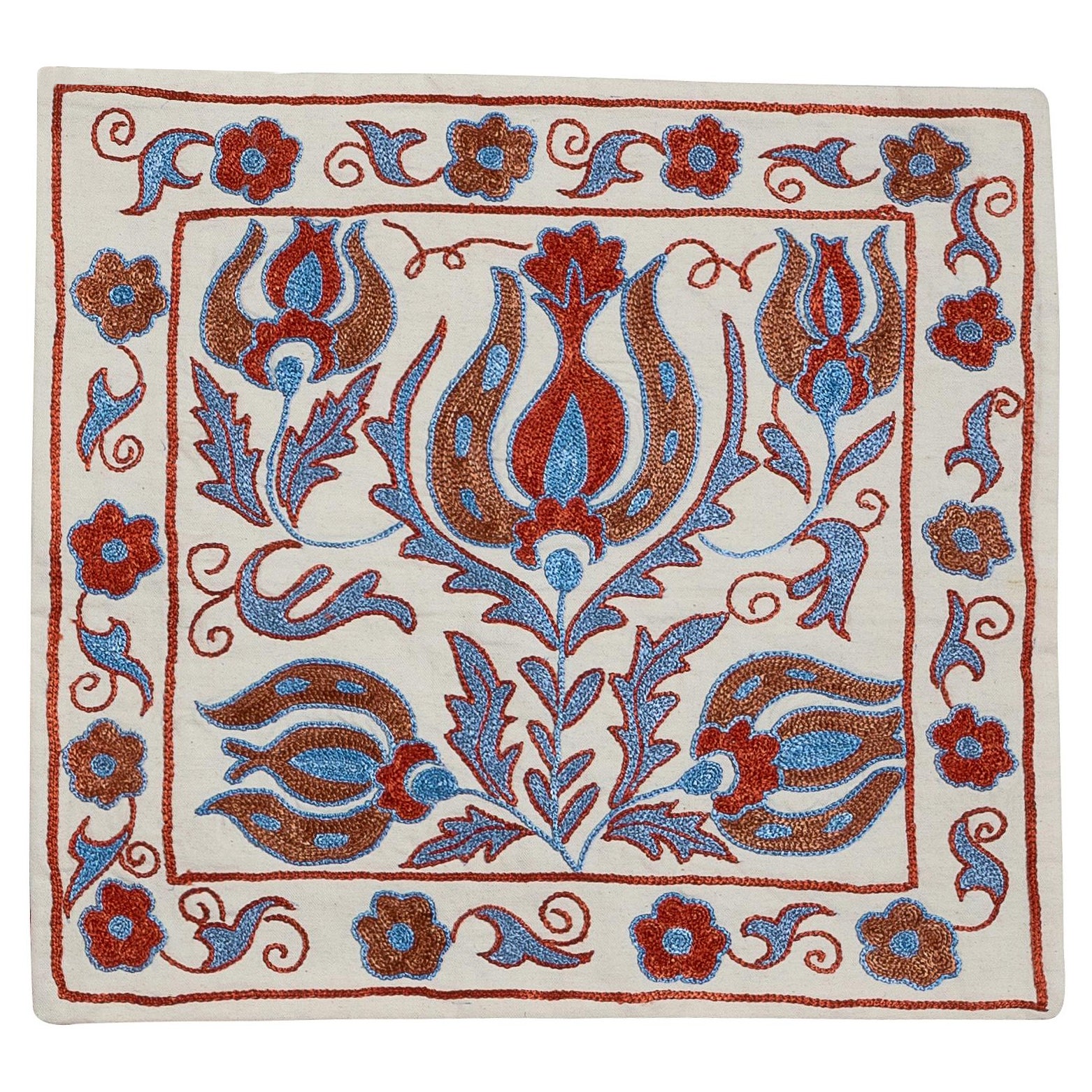18"x18" Uzbek Suzani Throw Pillow, Hand Embroidered Cotton & Silk Cushion Cover