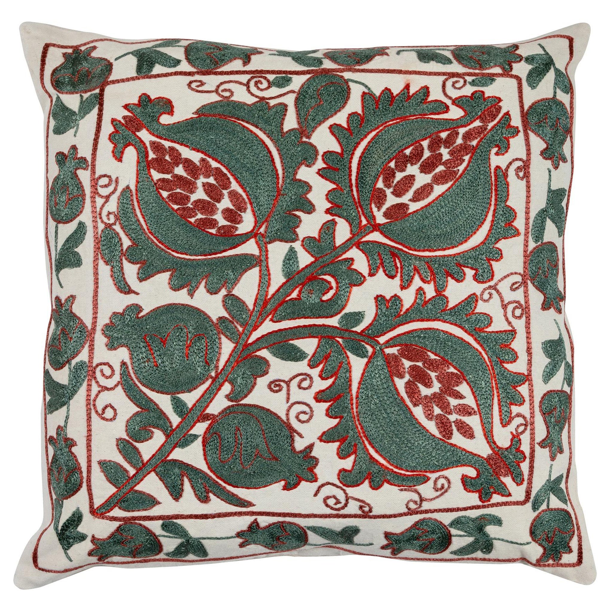 18"x18" Suzani Embroidered Cotton & Silk Cushion Cover in Green, Red and Cream