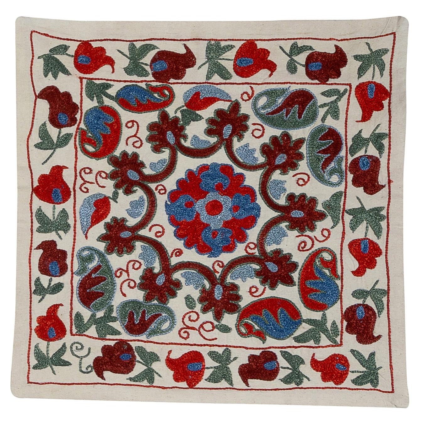 Étui à coussins Suzani à motifs floraux 18"x18", housse de coussin brodée, dentelle de soie