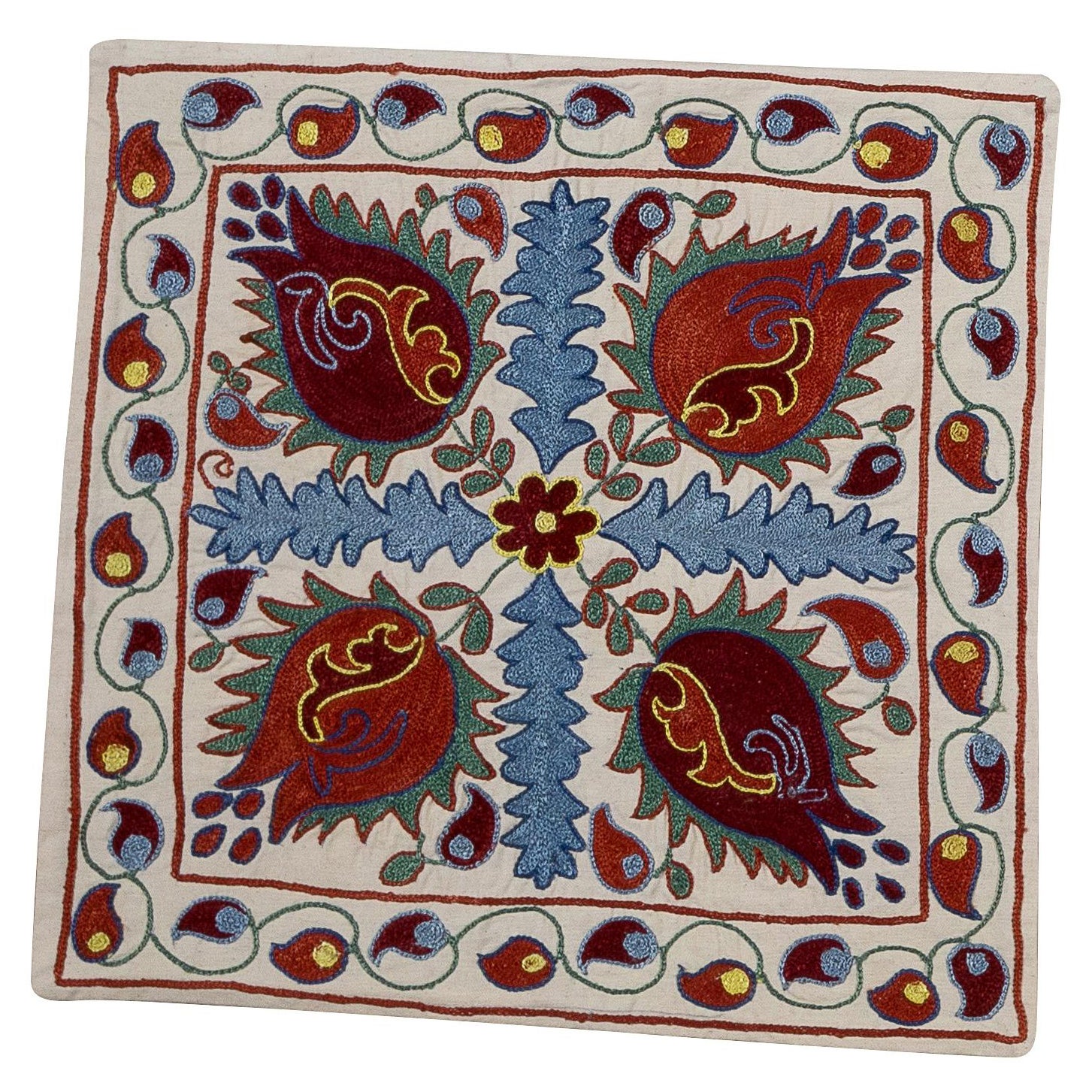  18"x18" Uzbek Suzani Lace Pillow, Embroidered Cream Cushion Cover, Silk Sham For Sale