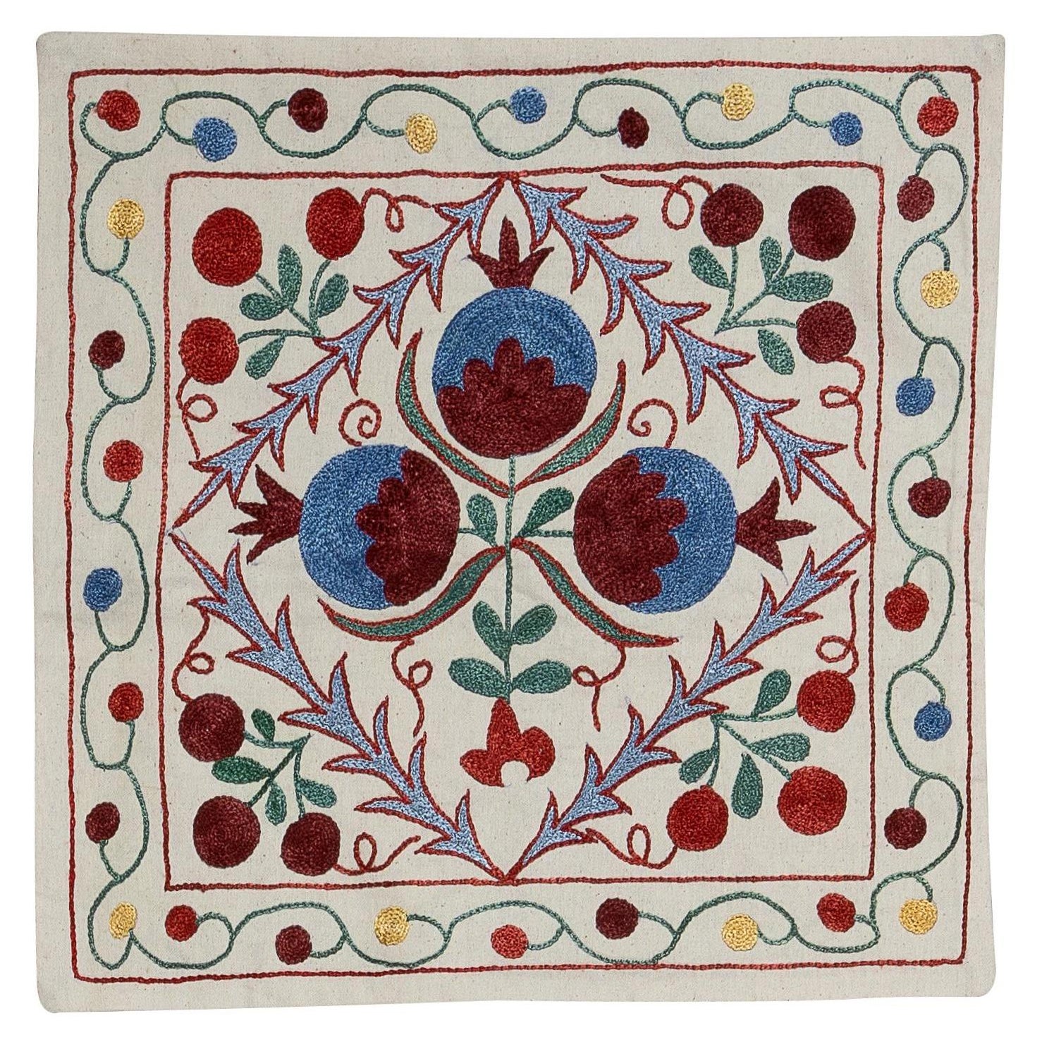 18"x18" Uzbek Cushion Cover, Hand Embroidery Lace Pillow, Cream Suzani Pillow