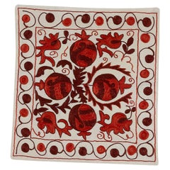 Asian Suzani Throw Pillow, Silk Hand Embroidery Cushion Cover in Cream & Red