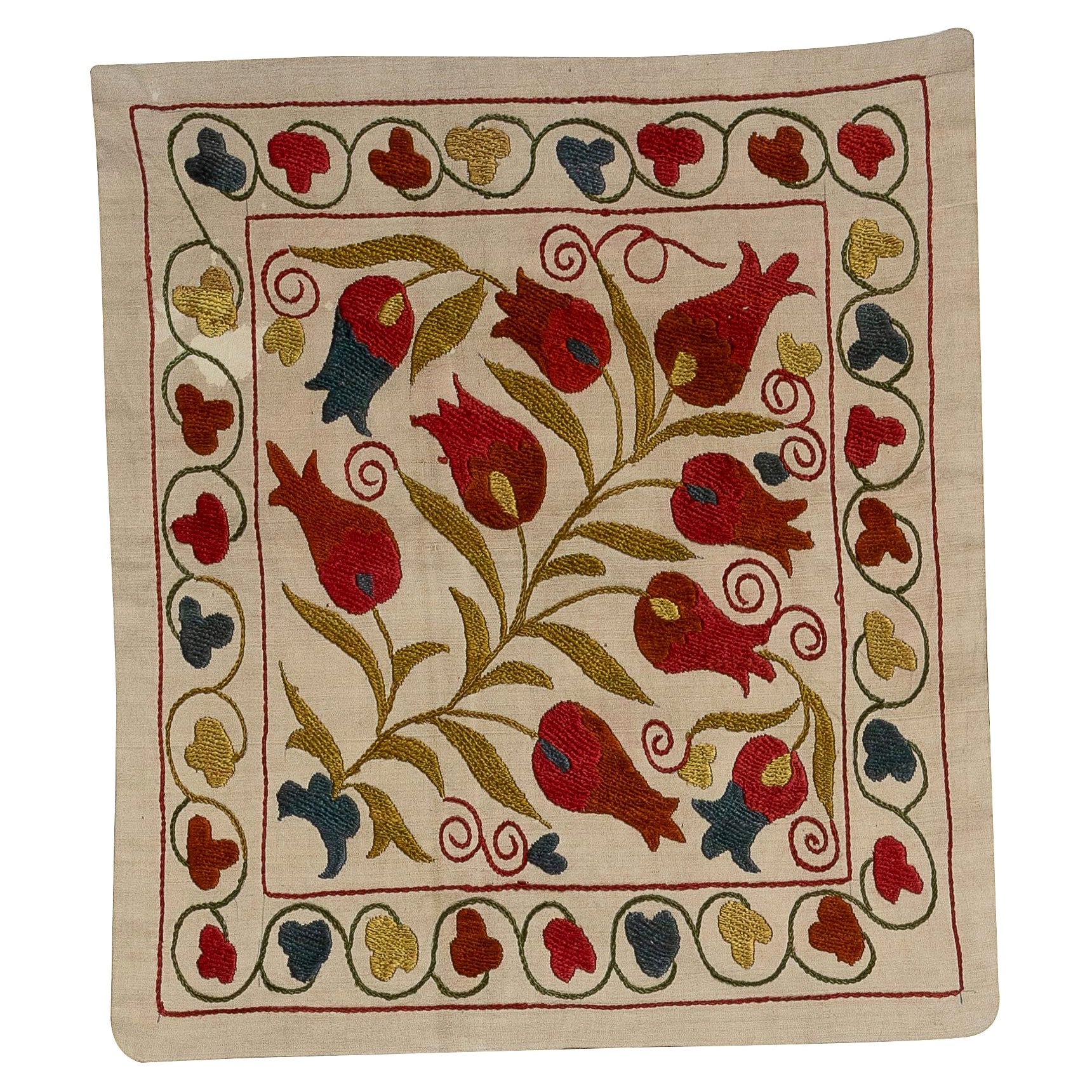 Uzbek Suzani Pillow Case, Embroidered Cotton & Silk Cushion Cover 