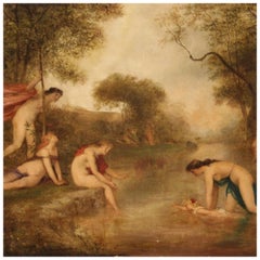 19th Century Oil on Canvas Antique English Bathing Nymphs Painting, 1860