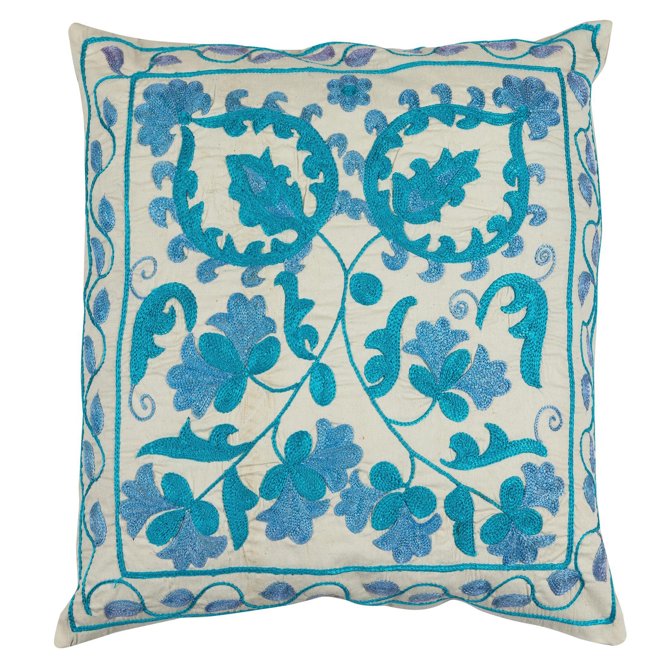 18"x18" Asian Suzani Pillow Case, Embroidered Cotton and Silk Cushion