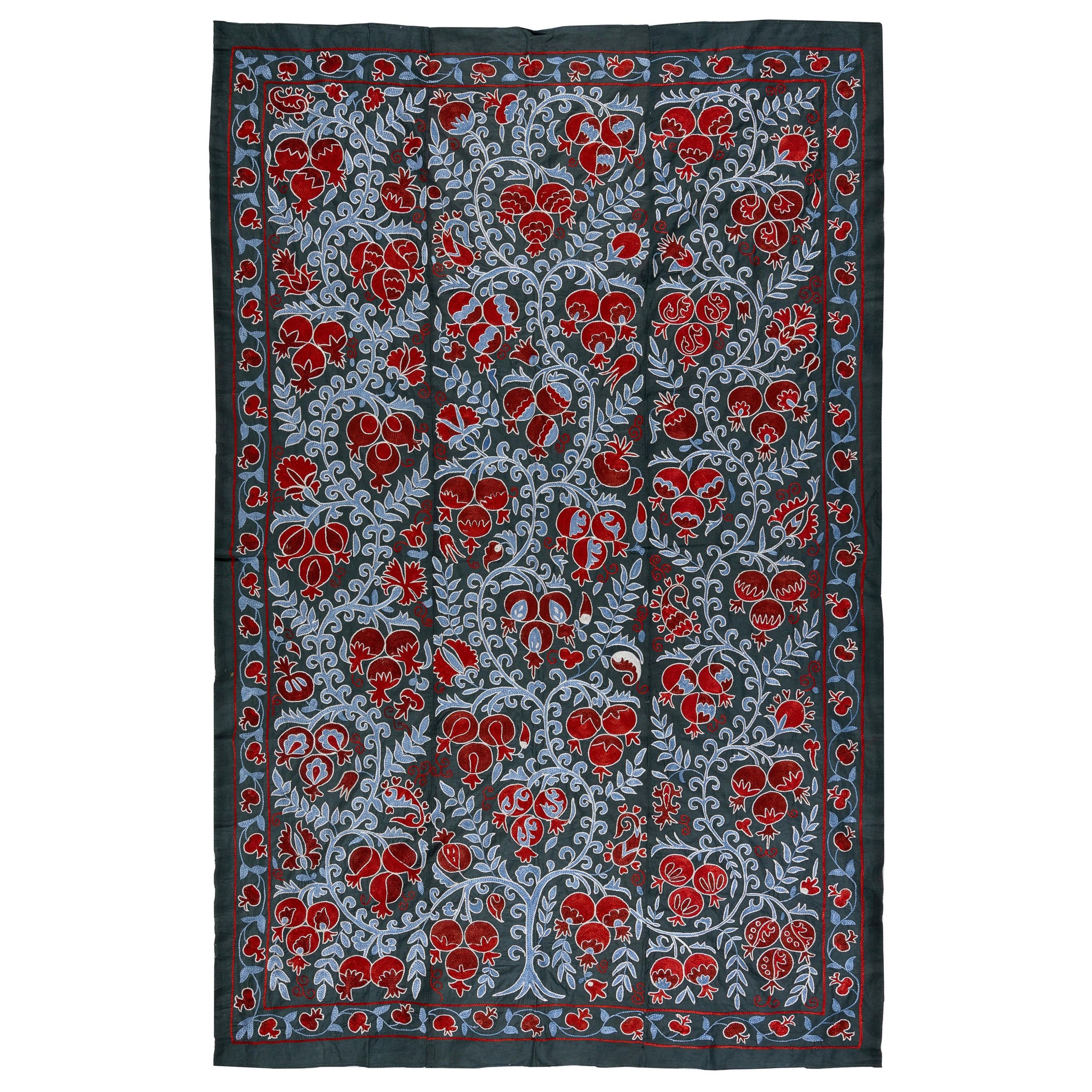 Uzbek Suzani Textile, Embroidered Cotton & Silk Wall Hanging, Bed Cover
