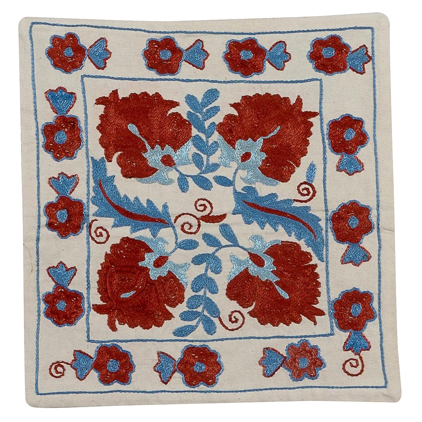  18"x24" New Uzbek Silk Embroidery Cushion Cover in Red, Blue and Cream For Sale