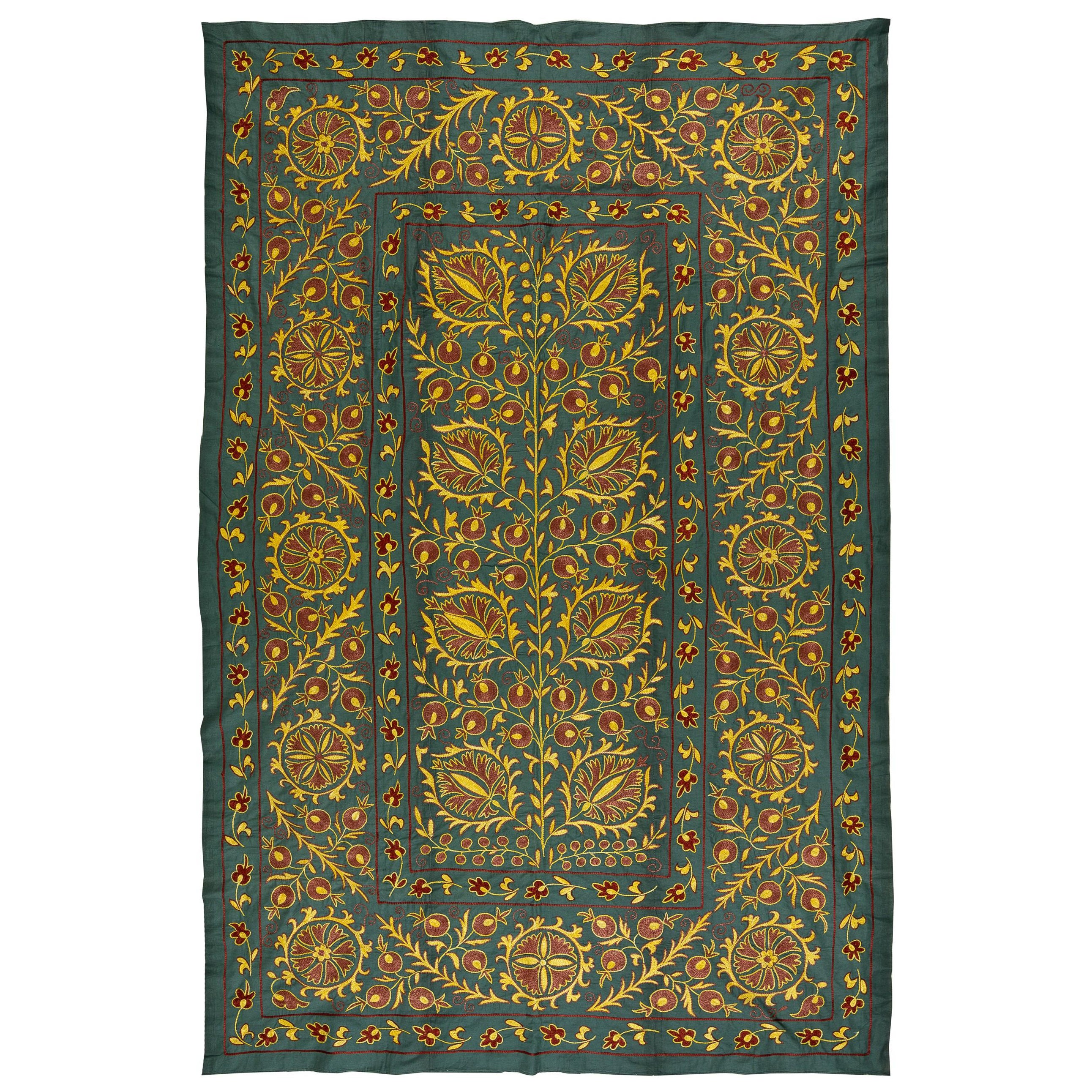 Modern Uzbek Suzani Textile, Embroidered Cotton & Silk Wall Hanging For Sale