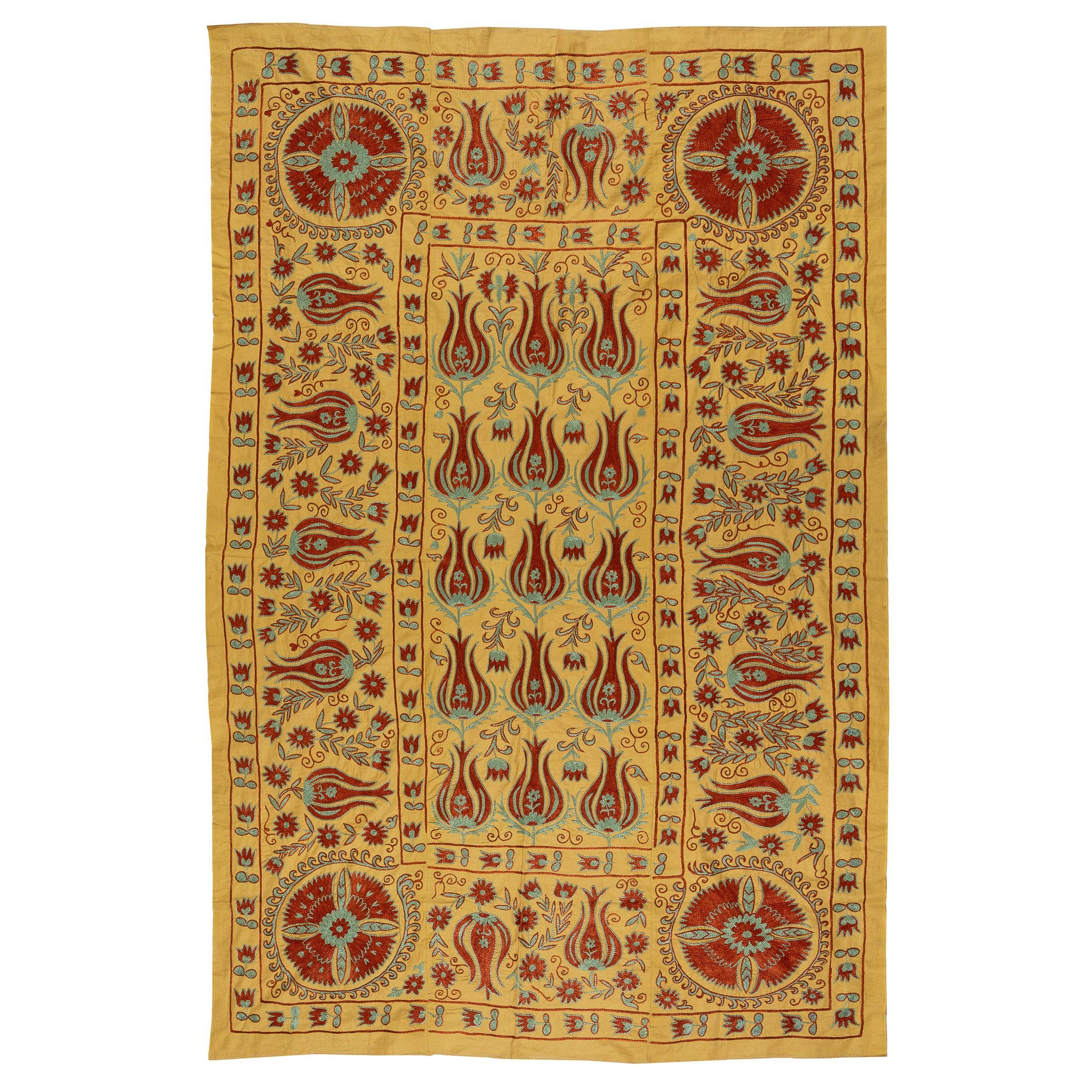 4.6x7 ft Decorative Uzbek Suzani Textile, Embroidered Silk Wall Hanging