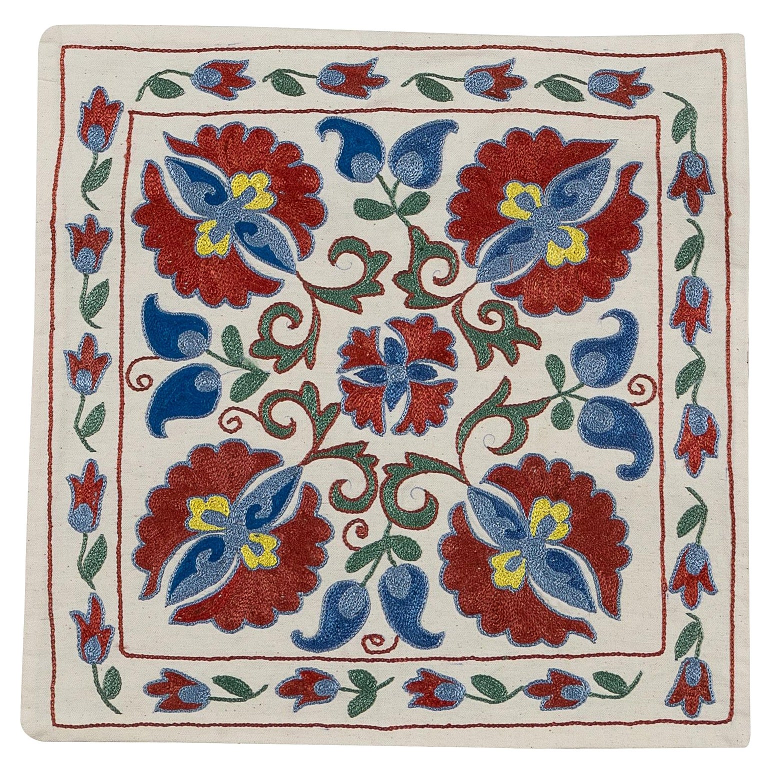 18"x18" Uzbek Suzani Embroidered Silk Cushion Cover for Contemporary Home Decor