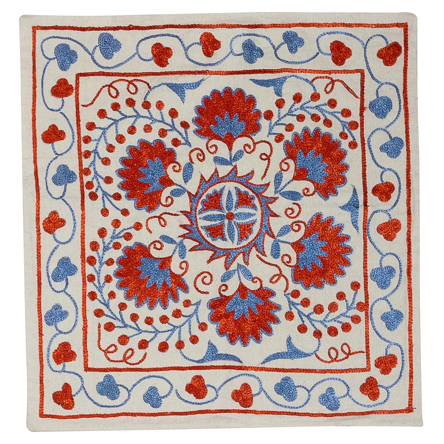  18"x18" Hand Embroidered Cotton & Silk Cushion Cover in Red, Blue & Cream For Sale