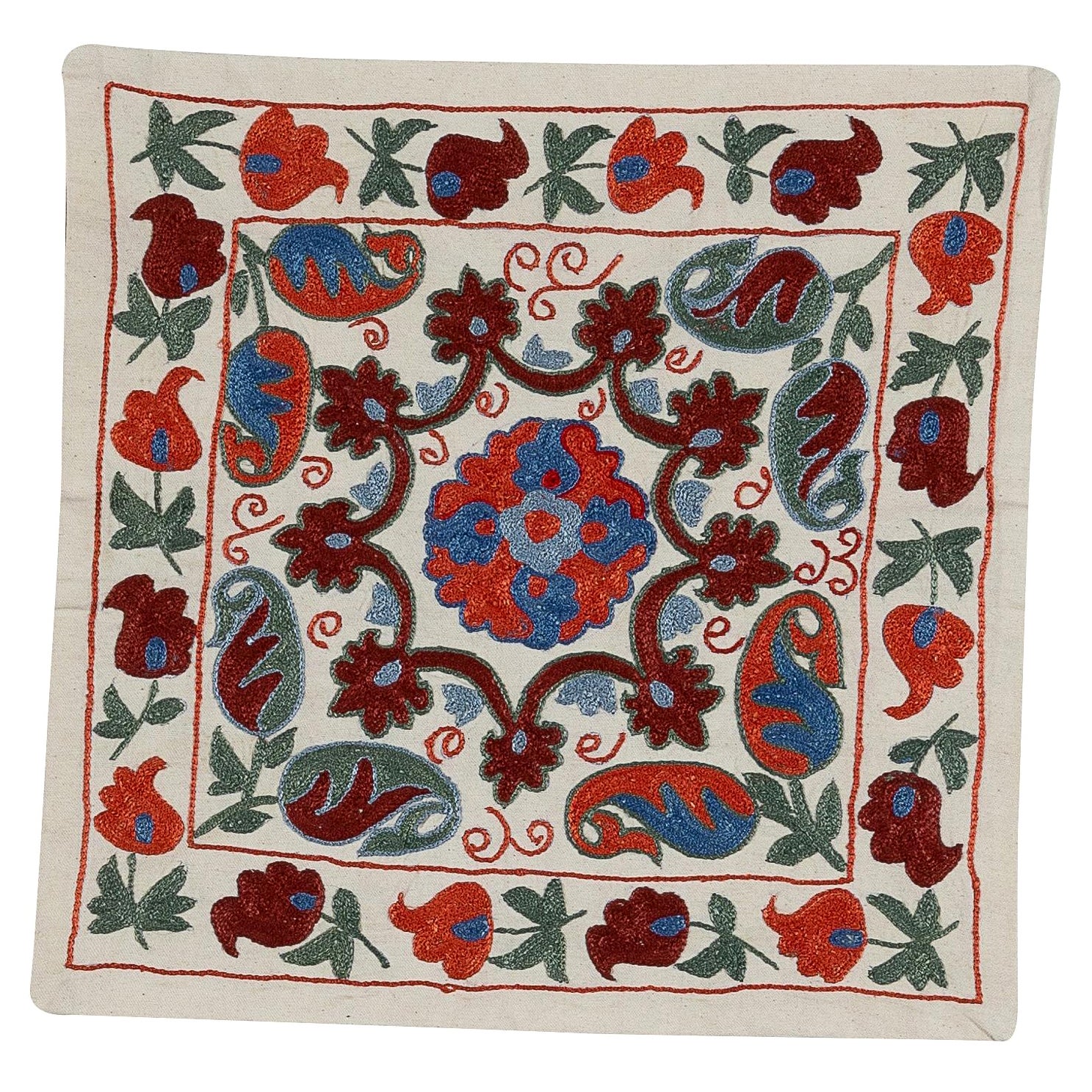 18"x24" Suzani Uzbek Lace Pillow, Embroidered Toss Pillow, Silk Cushion Cover