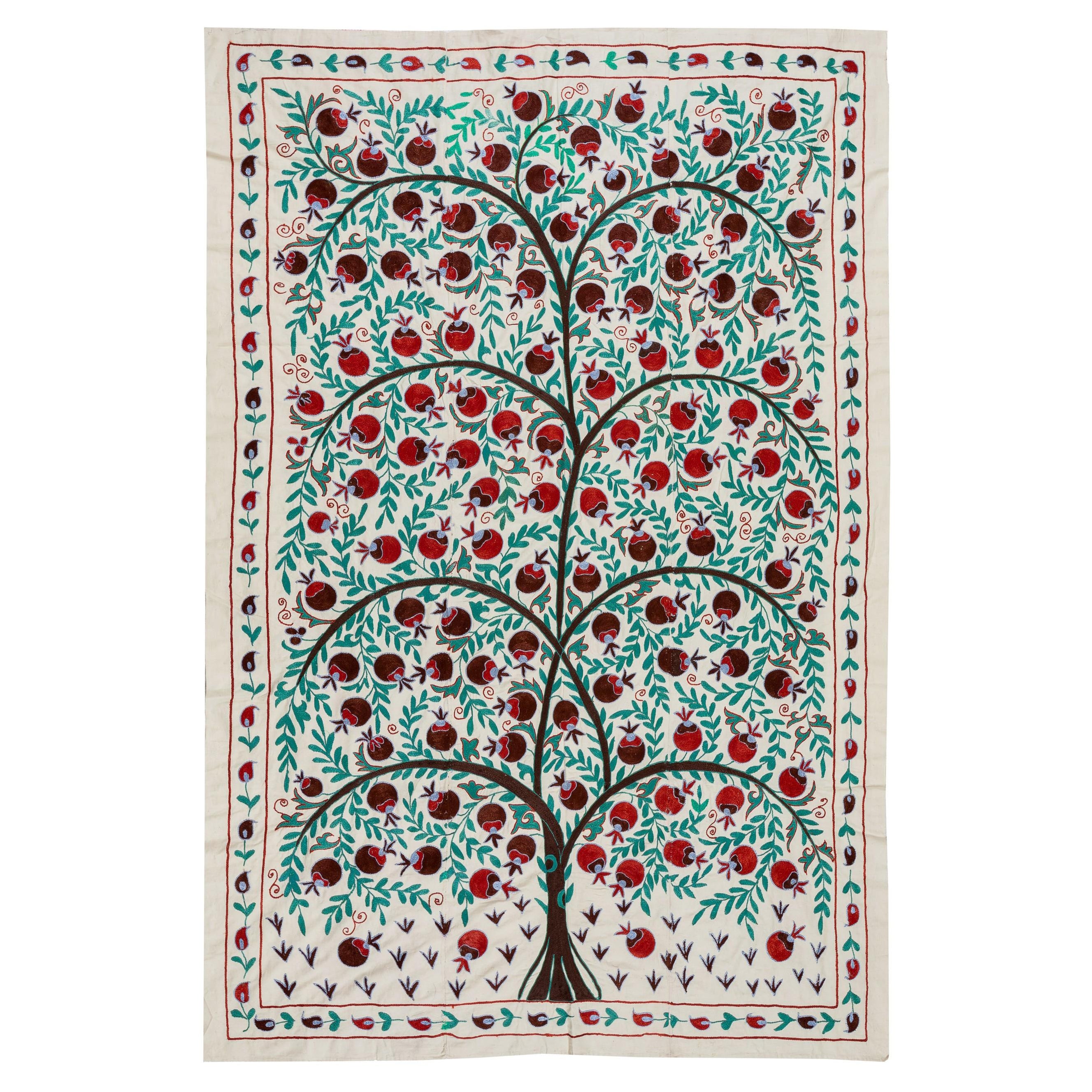 Pomegranate Tree Design Suzani Textile, Embroidered Silk Wall Hanging