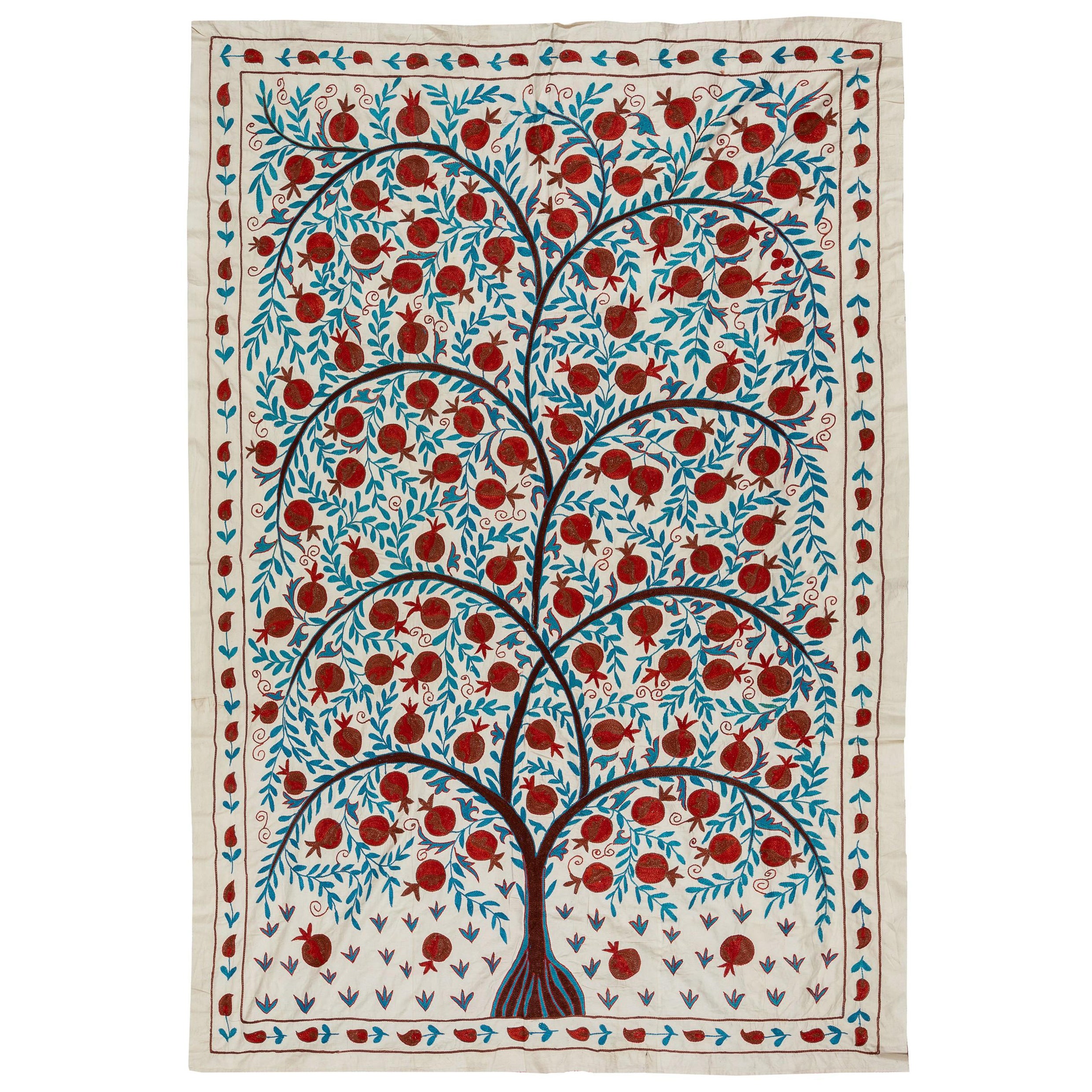 4.7x7 ft Pomegranate Tree Design Suzani Wall Hanging, Silk Embroidery Bedspread