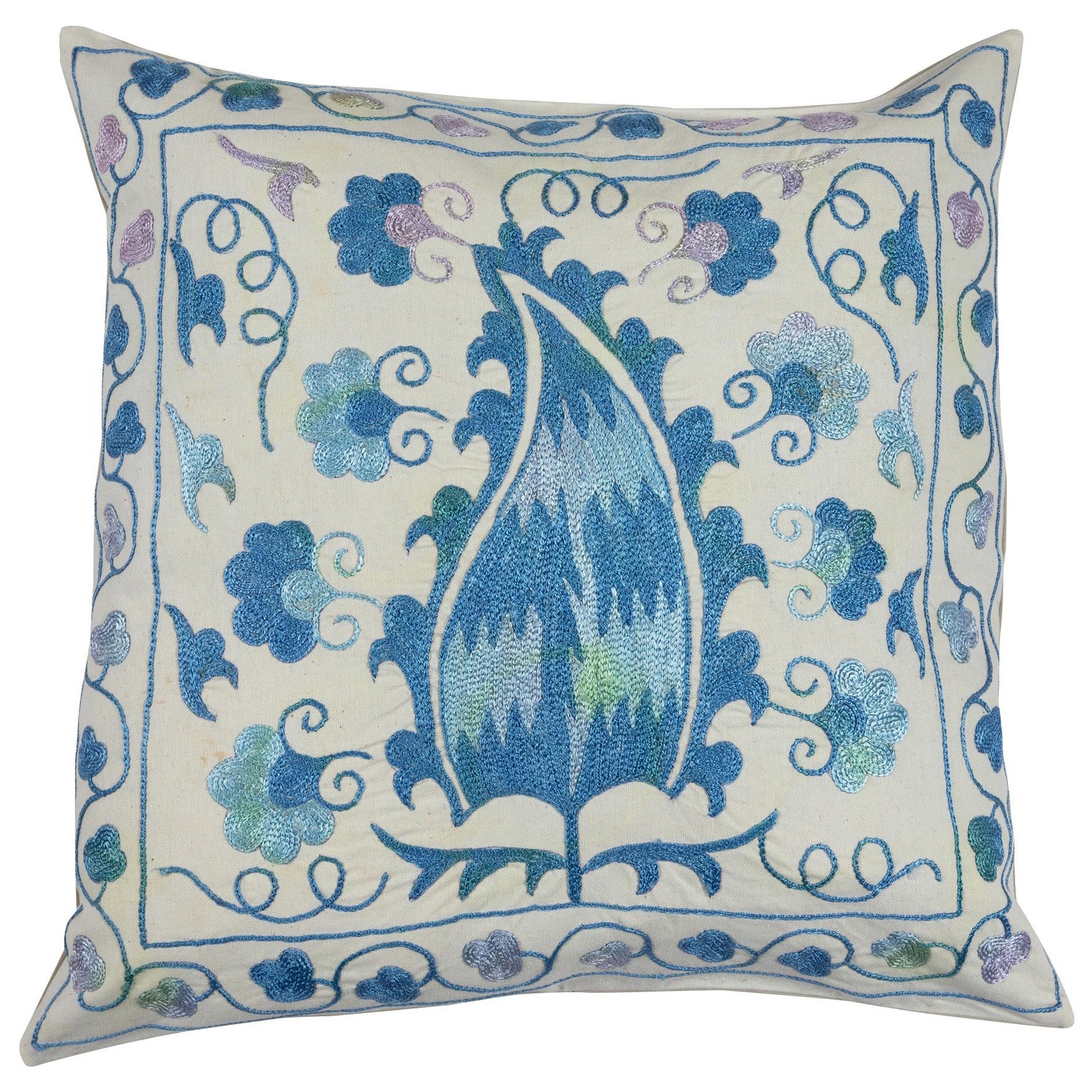18"x18" Silk Embroidery Cushion Cover, Blue & Cream Lace Pillow, Uzbek Sham
