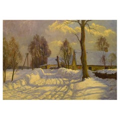 Danish Painter, Oil on Canvas, Winter Landscape with Farm, 1920s / 30s