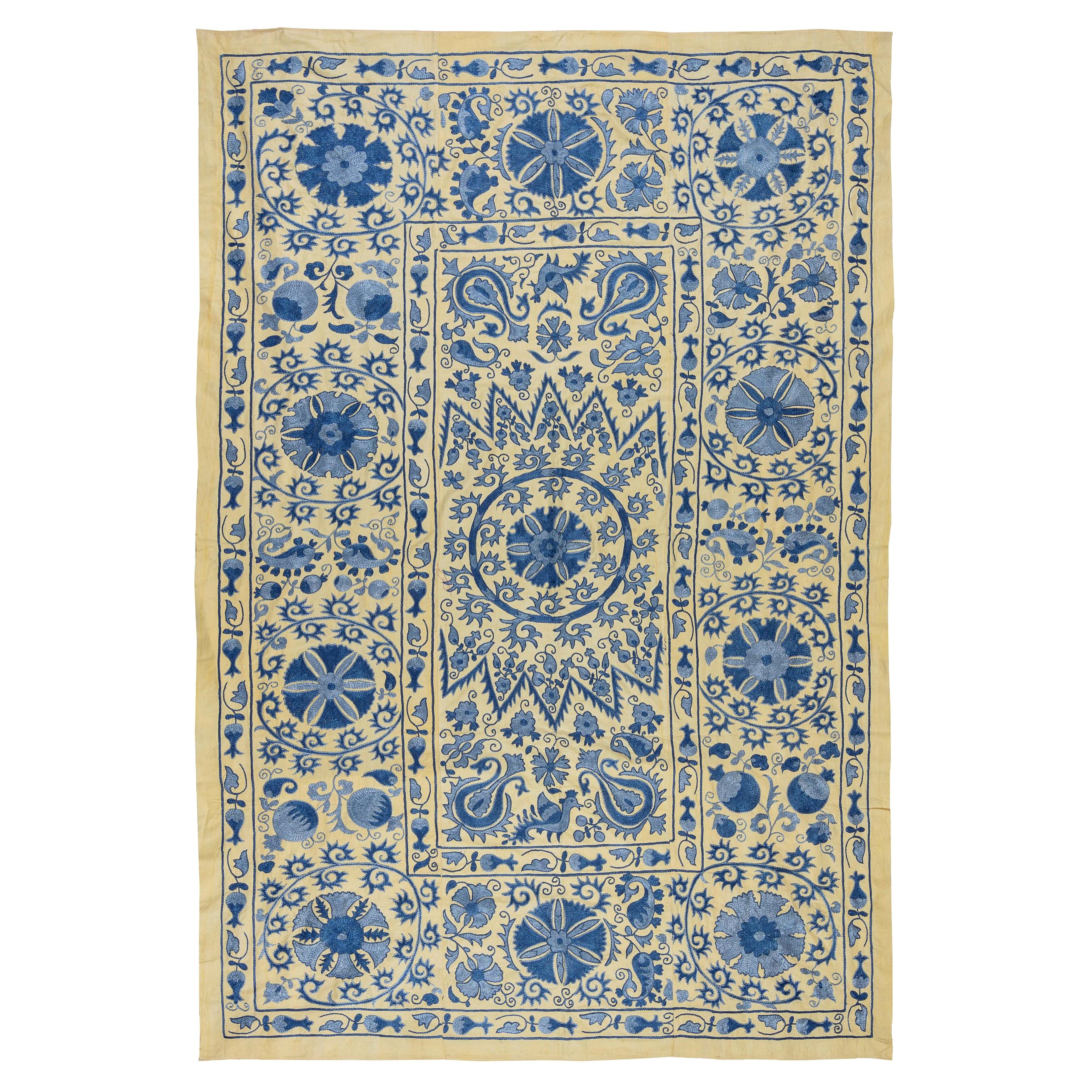 4.8x7 Ft Suzani Embroidered Cotton & Silk Wall Hanging in Beige and Light Blue For Sale