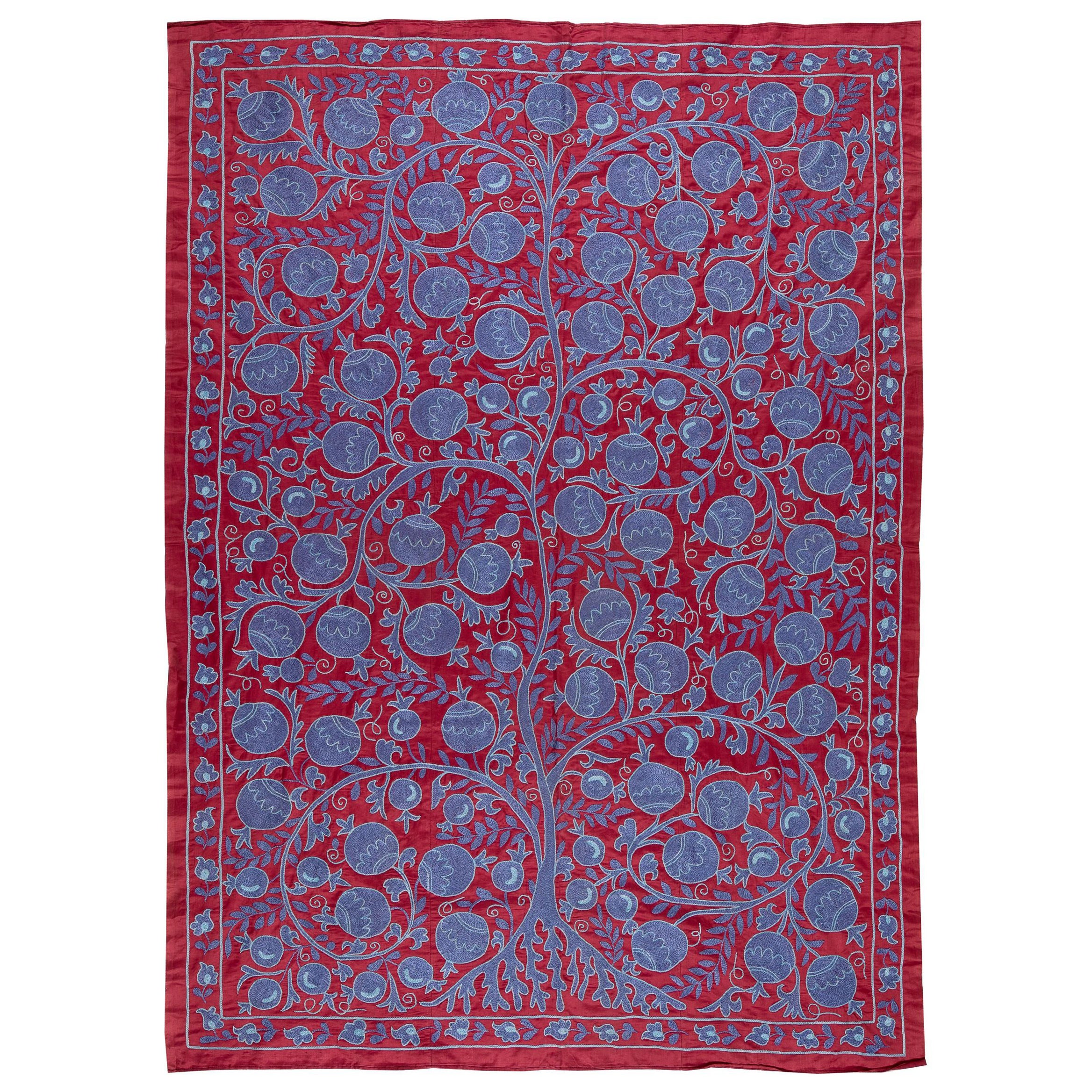 5x7 ft Pomegranate Tree Design Bedspread in Red & Purple, Silk Embroidery Throw