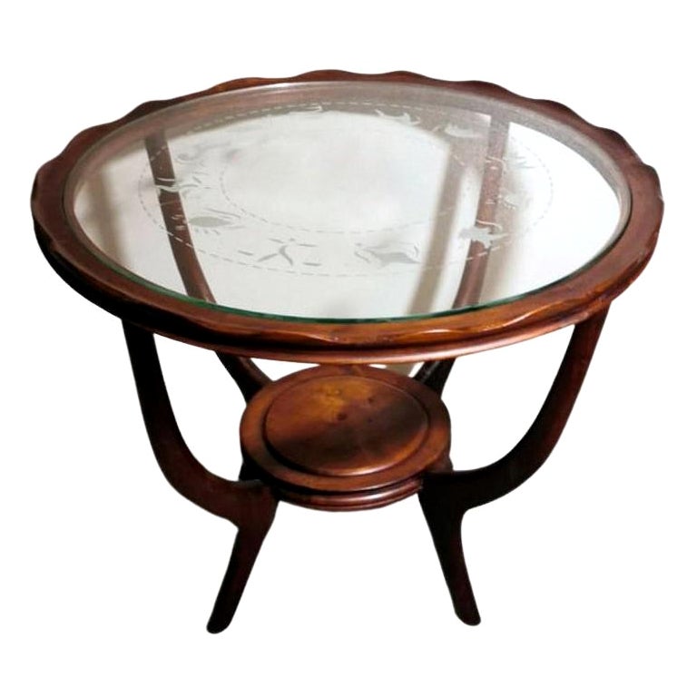 Paolo Buffa Style Coffee Table Art Deco Cherry Wood Glass Engraved Zodiac Signs