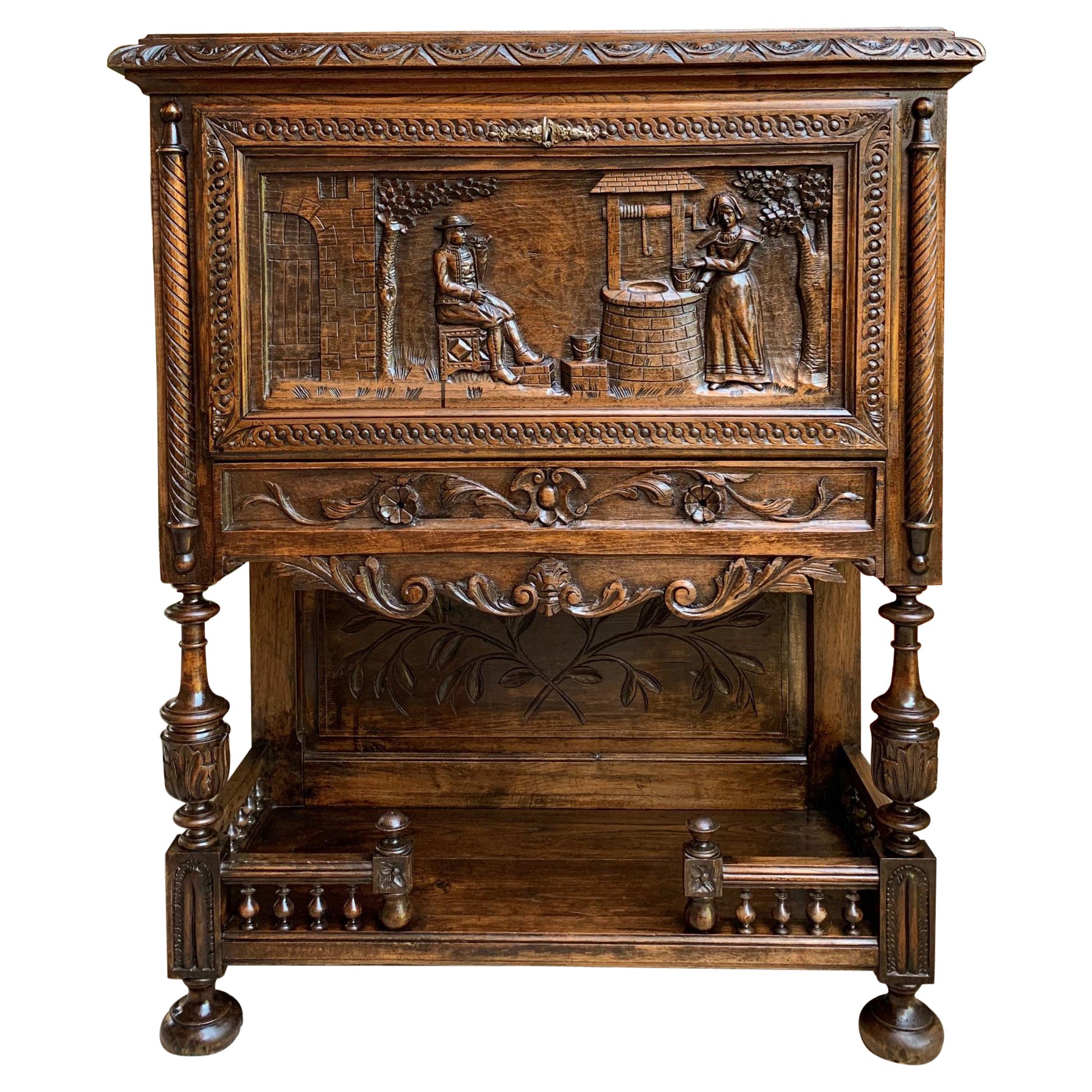 Antique French Carved Oak Drop Front Desk Liquor Cabinet Breton Brittany 19th C