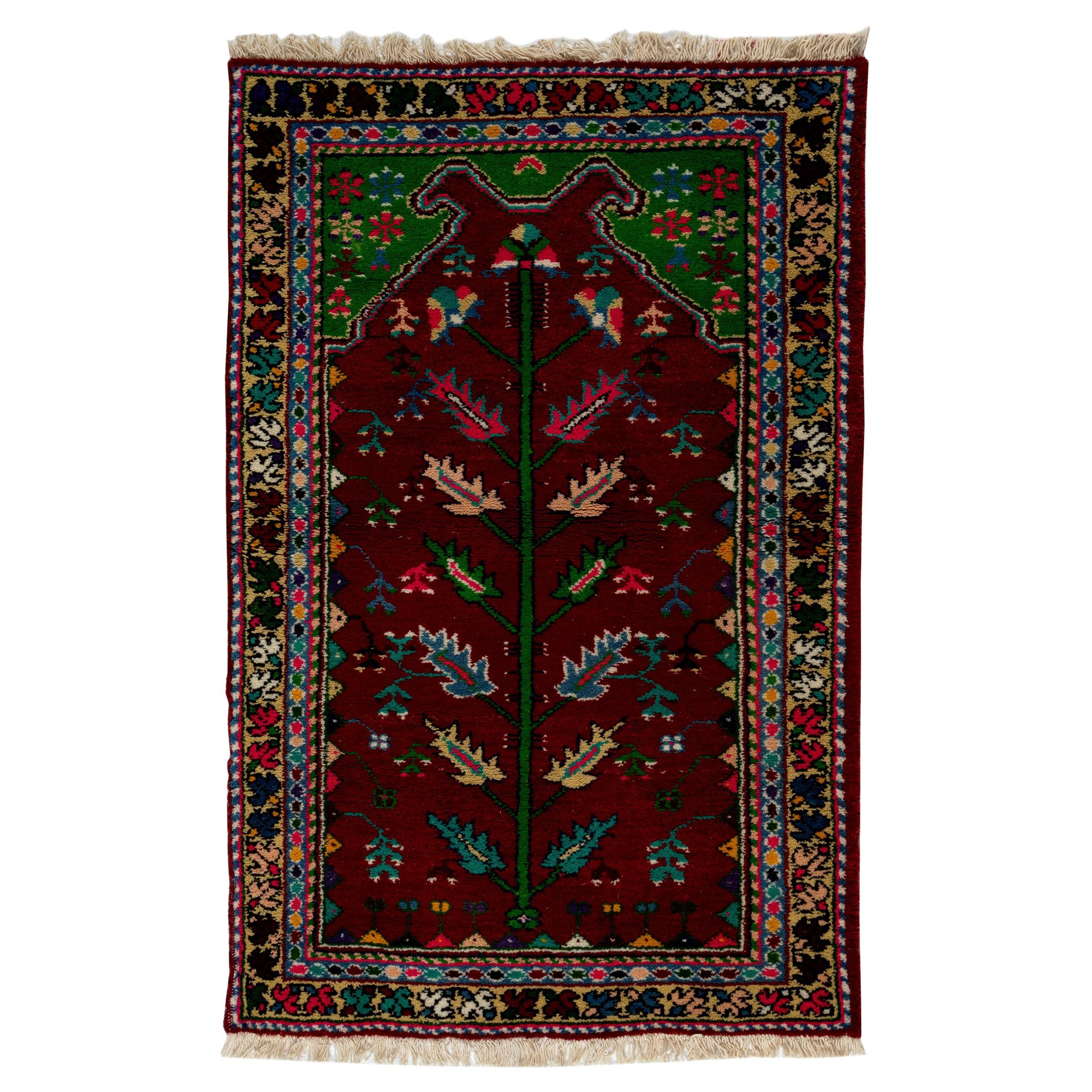 3x4.5 Ft Vintage Handmade Turkish Wool Accent Rug in Maroon, Beige, Blue & Pink