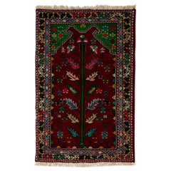 3x4.5 Ft Vintage Handmade Turkish Wool Accent Rug in Maroon, Beige, Blue & Pink