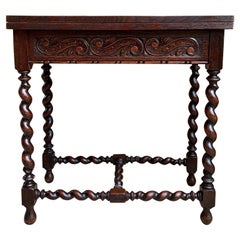 Antique 19th century French Carved Oak Game Table Barley Twist Louis XIII Renaissance