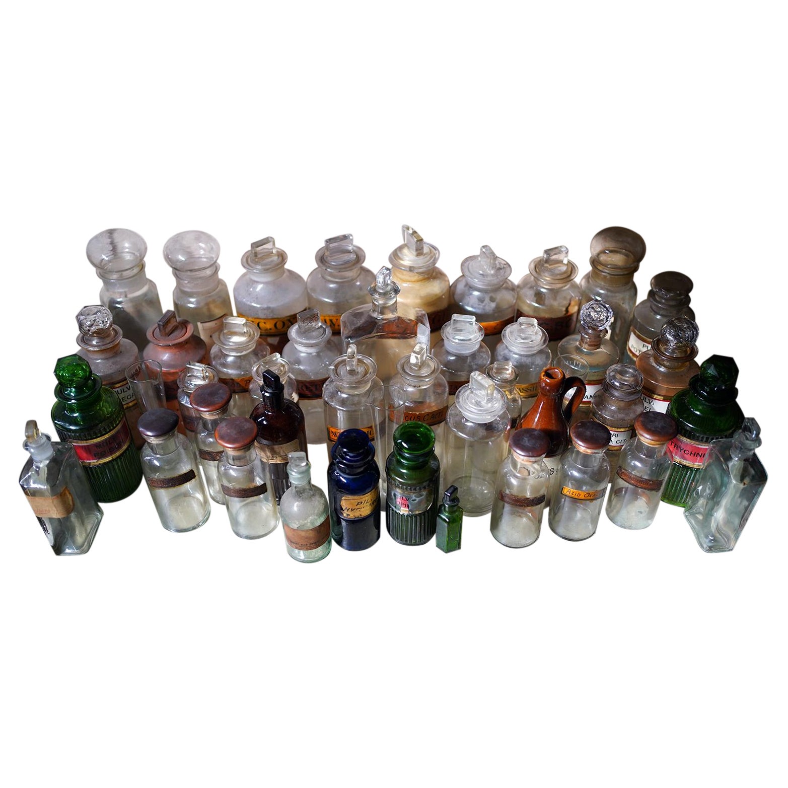 Large Mixed Collection of Forty-Four 19thC-20thC Glass Apothecary Bottles For Sale