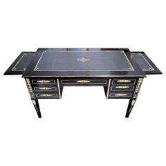 Antique Black Desk Writing Table, Boulle Style Napoleon III, France, 19th Century