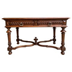 Antique French Carved Walnut Writing Desk Sofa Table Henri II Style c1900